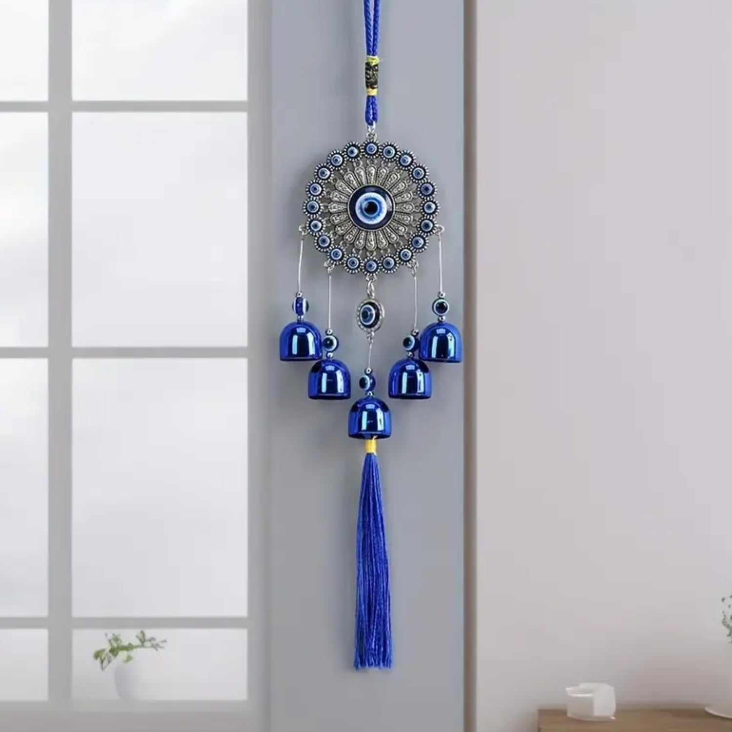 Go Hooked Evil Eye Dreamcatcher Wind Chime with Bells & Hanging Beads 64cm Height| Blue Wall Hanging Decoration for Positive Energy, Good Luck & Home Décor, Balcony, Living Room & Gift (Design F1)