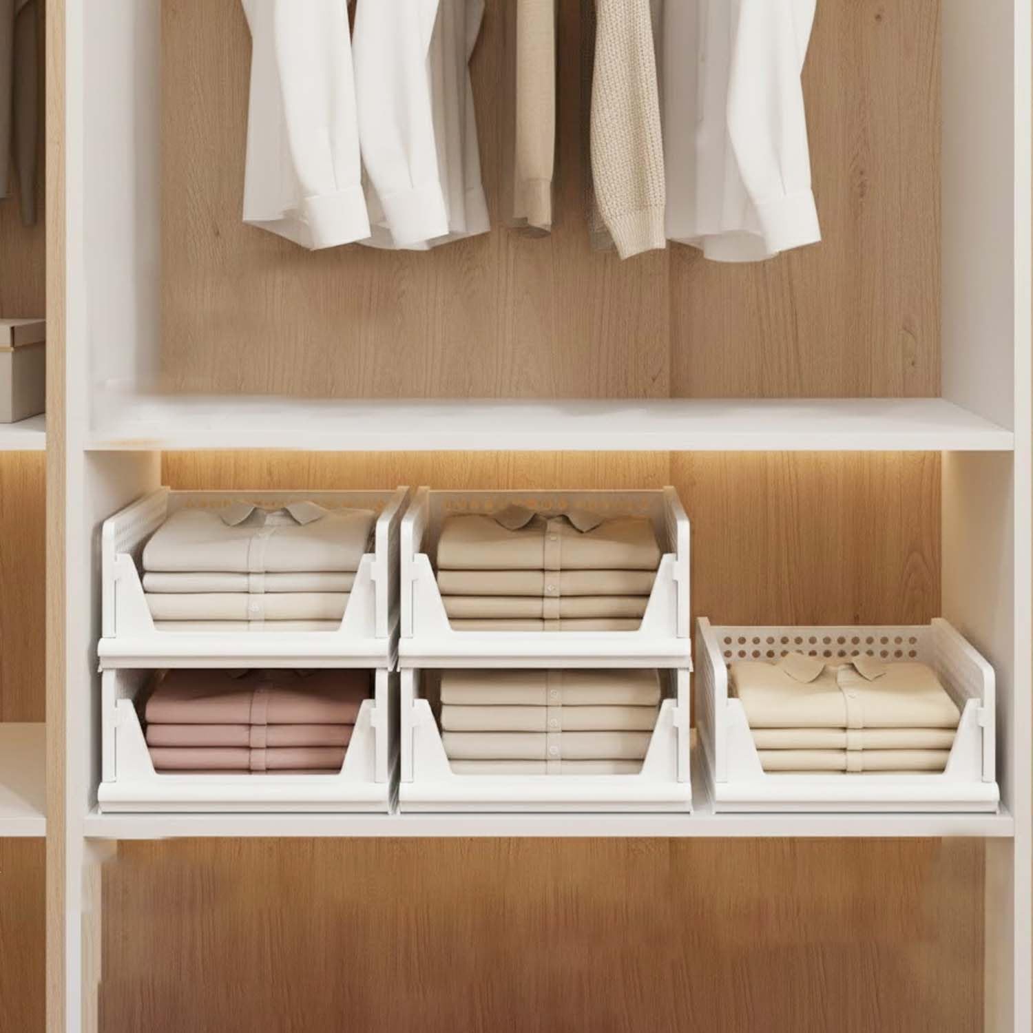 Go Hooked Foldable Wardrobe Organizer with Drawer Style Pull Out Design | Pack of 5 Small (44x34x14.5 cm) Shelf Storage Box | Heavy Duty Plastic Shirt Stacker for Cupboard, Almirah & Closet | White