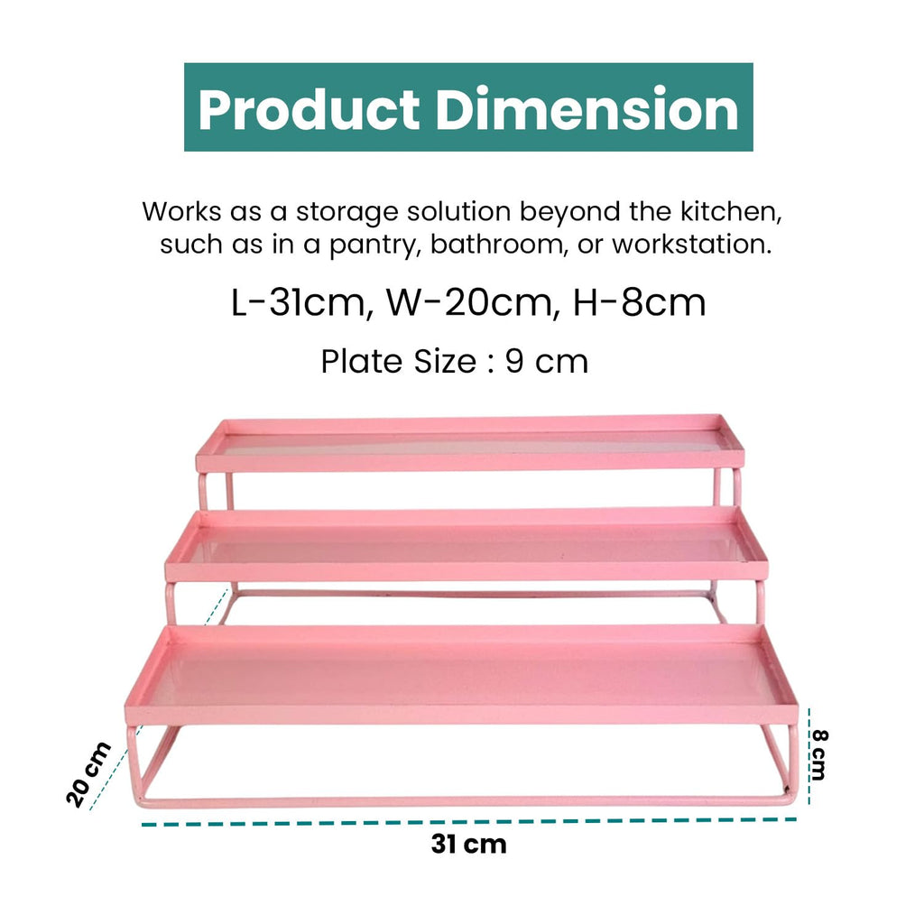 Go Hooked Kitchen 3-Tier Step Standing Rack Kitchen Spice Bottle Rack Utensil Holder Food Storage Organizer for Cabinet Cupboard Pantry Shelf Bathroom organizer Rack (Pink Pack of 1)