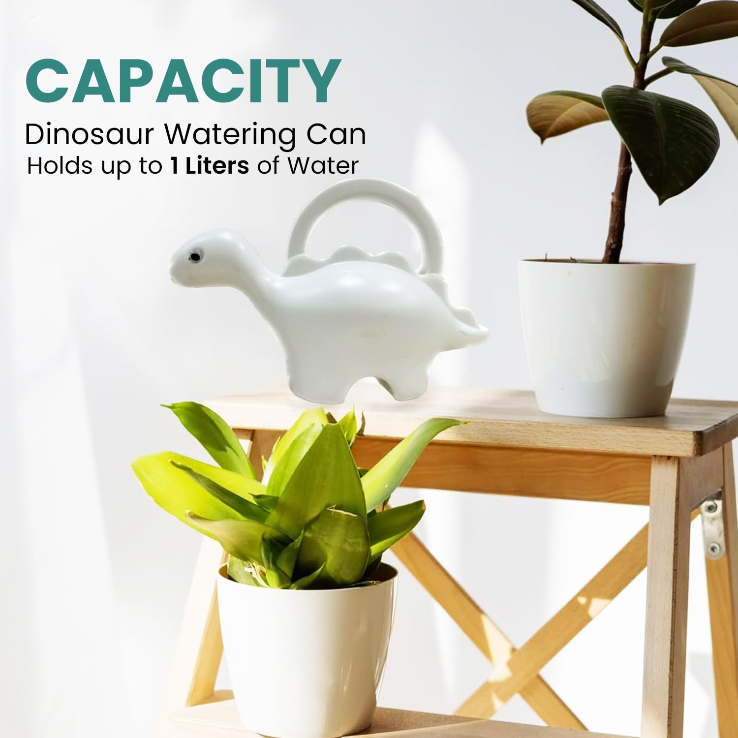 Go Hooked Plastic Dinosaur Shape 1 Liter Kids Watering Can for House Plants & Garden Plants Roar Some Gardening Dino Shaped Delight Garden Time Travel (Pack of 1, White, 1 Liter)