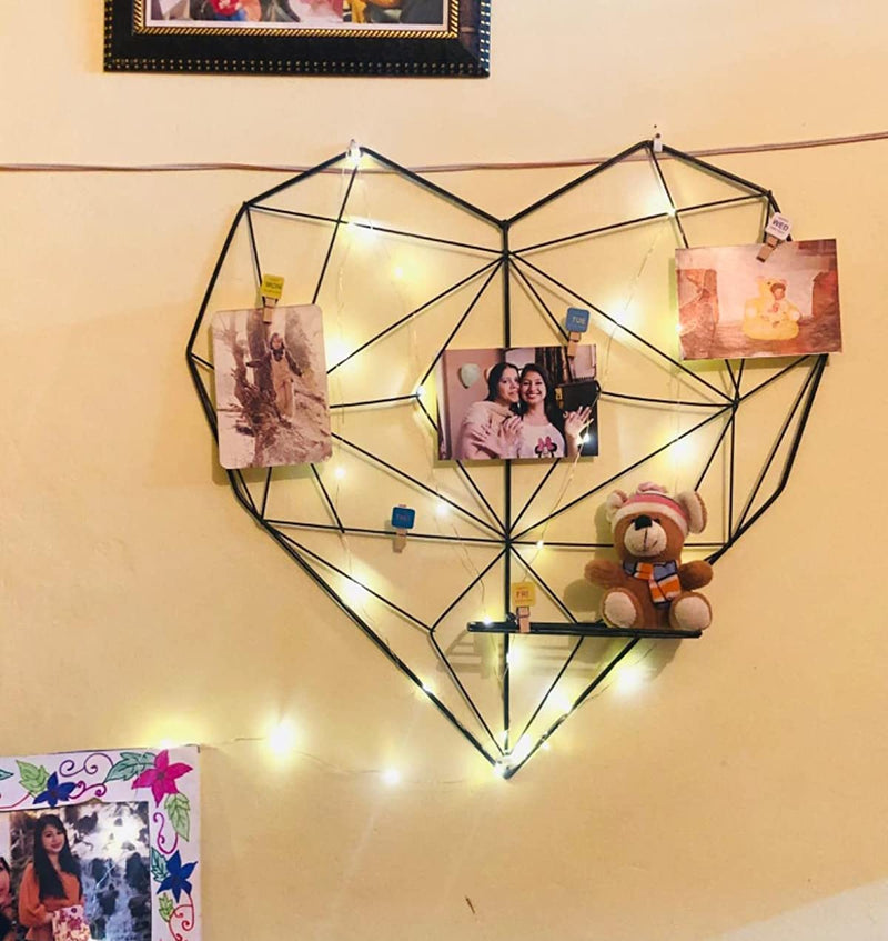 Go Hooked Valentine’s Day Gift for Girlfriend, Creative Heart Shape Iron Grid Photo Wall Picture Display Hanging Panel Wall Photo Message Board Metal Shelves Elegant Modern Versatile Decorative Space Saving Functional Black