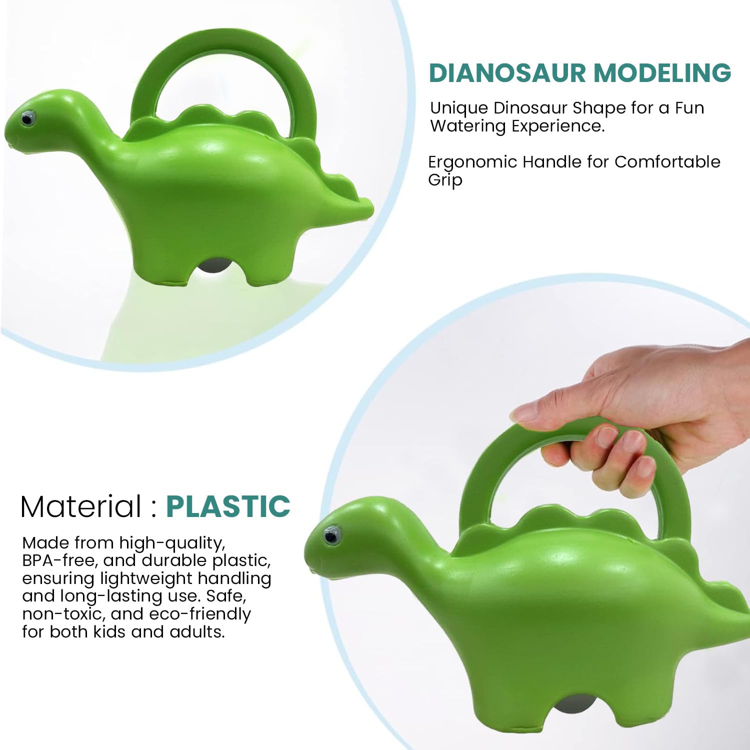 Go Hooked Plastic Dinosaur Shape 1 Liter Kids Watering Can for House Plants & Garden Plants Roar Some Gardening Dino Shaped Delight Garden Time Travel (Pack of 1, Green, 1 Liter)
