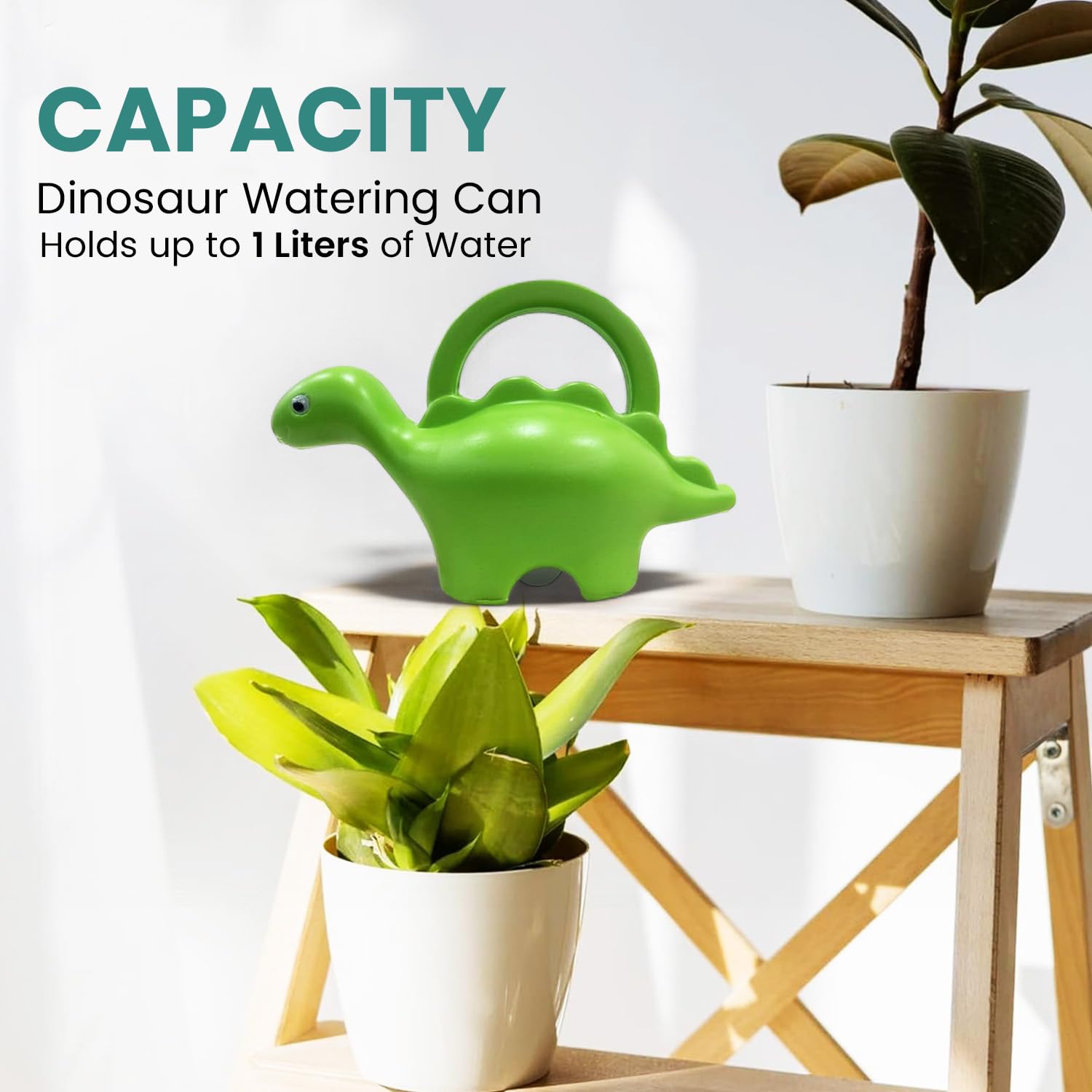 Go Hooked Plastic Dinosaur Shape 1 Liter Kids Watering Can for House Plants & Garden Plants Roar Some Gardening Dino Shaped Delight Garden Time Travel (Pack of 1, Green, 1 Liter)