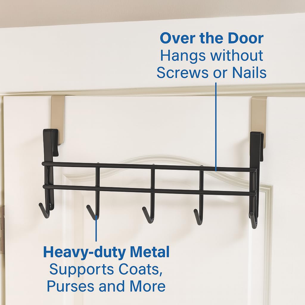 Go Hooked Over The Door Hook Organizer, Hanging Organizer Rack | Steel Door Hook Hanger Wall Hook Rack (5 Hooks) (Brown)