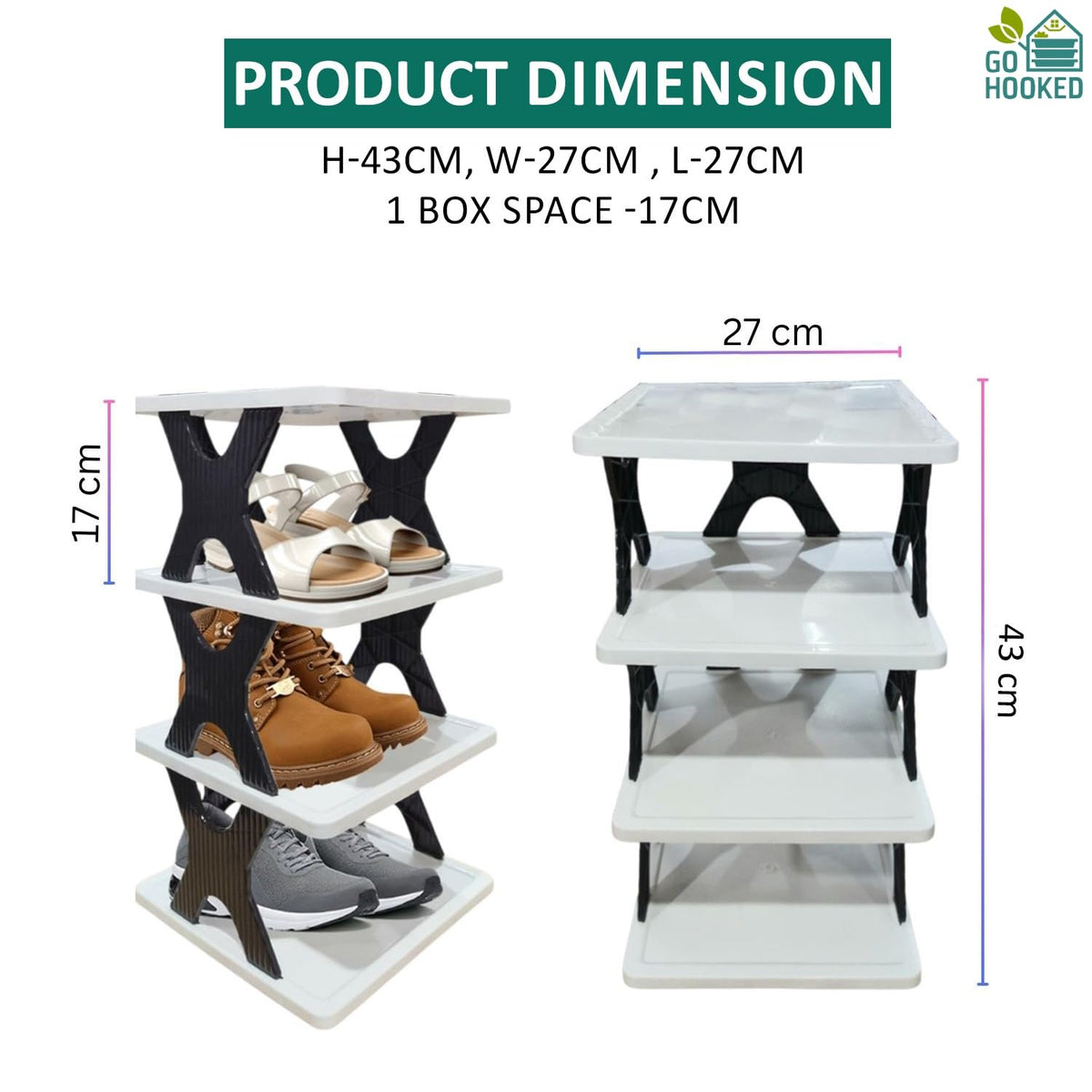 Go Hooked Shoe Rack 4-Tier Durable Plastic Organizer with Modern Black & White Design Lightweight Storage for Shoes, Sneakers and Sandals Easy to Assemble with Anti-Slip Frame for Stability