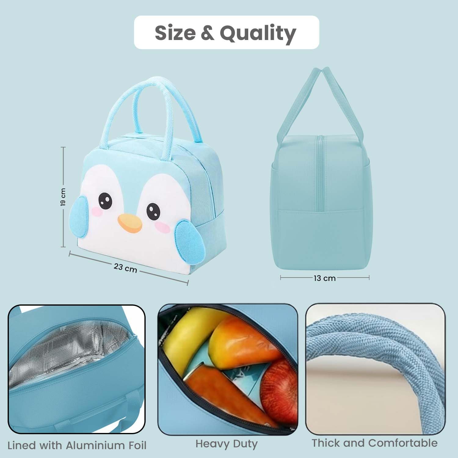 Go Hooked Kids Lunch Bag with Penguin Face Design | Light Blue & White Thermal Insulated Oxford Cloth Lunch Tote with Cute Animal Print | Storage Lunch Box Bag for School, Office, Picnic & Travel