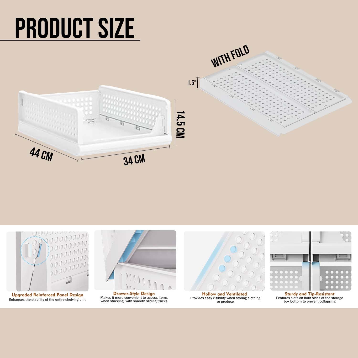 Go Hooked Foldable Wardrobe Organizer with Drawer Style Pull Out Design | Pack of 5 Small (44x34x14.5 cm) Shelf Storage Box | Heavy Duty Plastic Shirt Stacker for Cupboard, Almirah & Closet | White