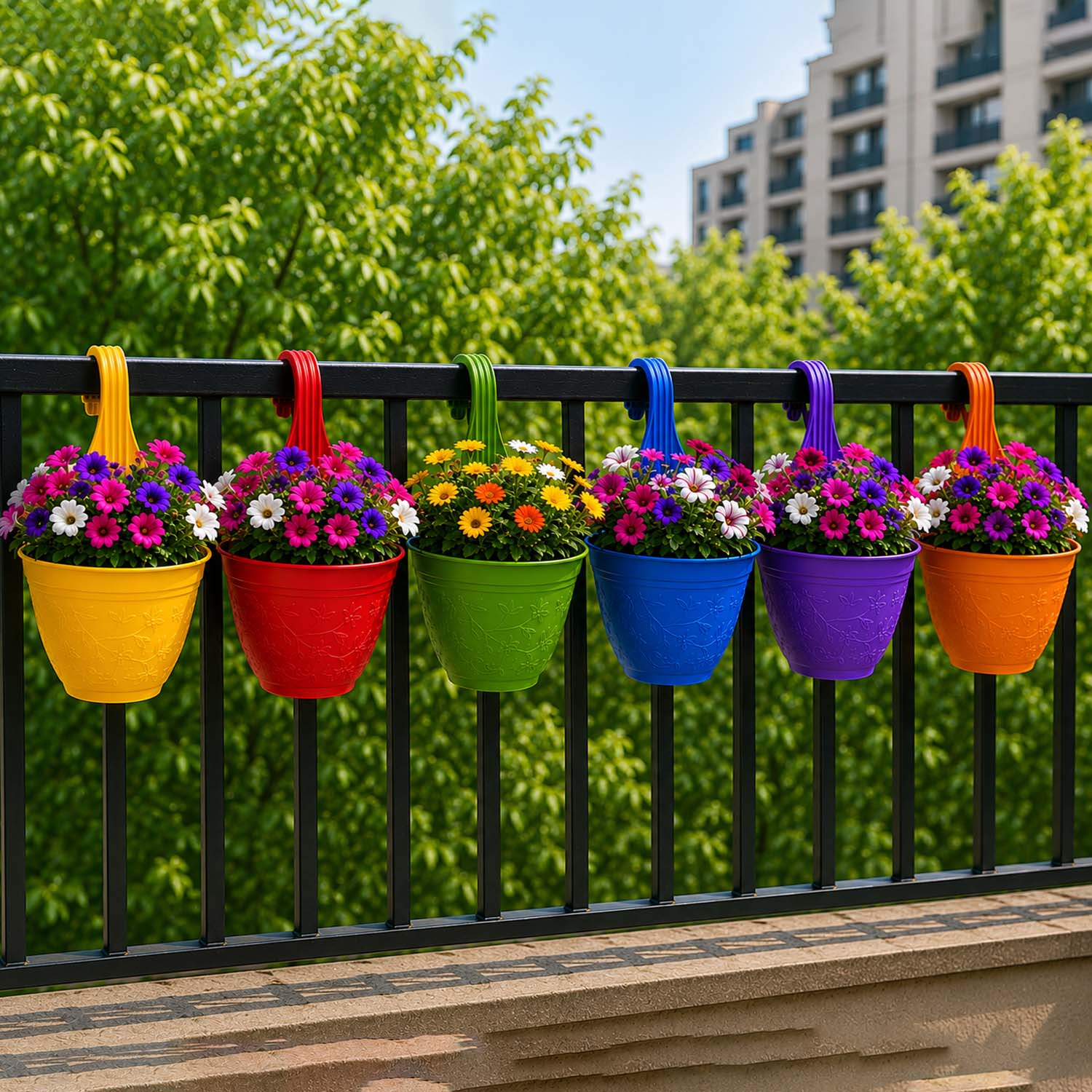 Go Hooked Hanging Planter Pots for Balcony Railing | Small Plastic Victor Hook Flower Pots for Fence, Grill & Balcony (Multicolor, 16.5x9x19 cm) | Decorative Planters for Home Garden Décor