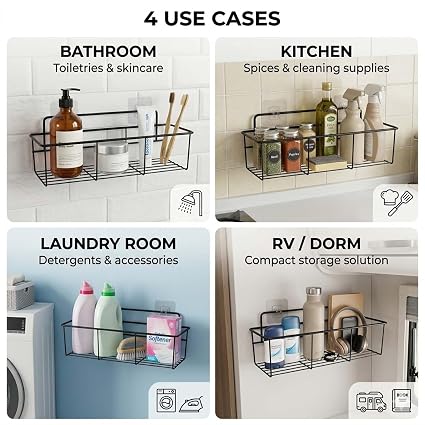 Go Hooked Wall Mounted Metal Storage Basket with Adhesive Hooks 32cm | Rust-Resistant Bathroom & Home Organizer Rack | No Drilling Shelf for Spices, Toiletries & Daily Essentials