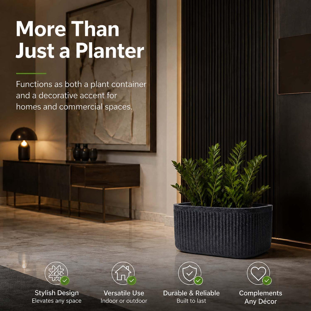 Go Hooked Large Oval Planter Pot (20x9) Inch | Aurelia Modern Ribbed Grey Stone Texture Finish | UV & Weather Resistant Decorative Floor Planter for Balcony, Patio, Terrace, Garden & Entrance