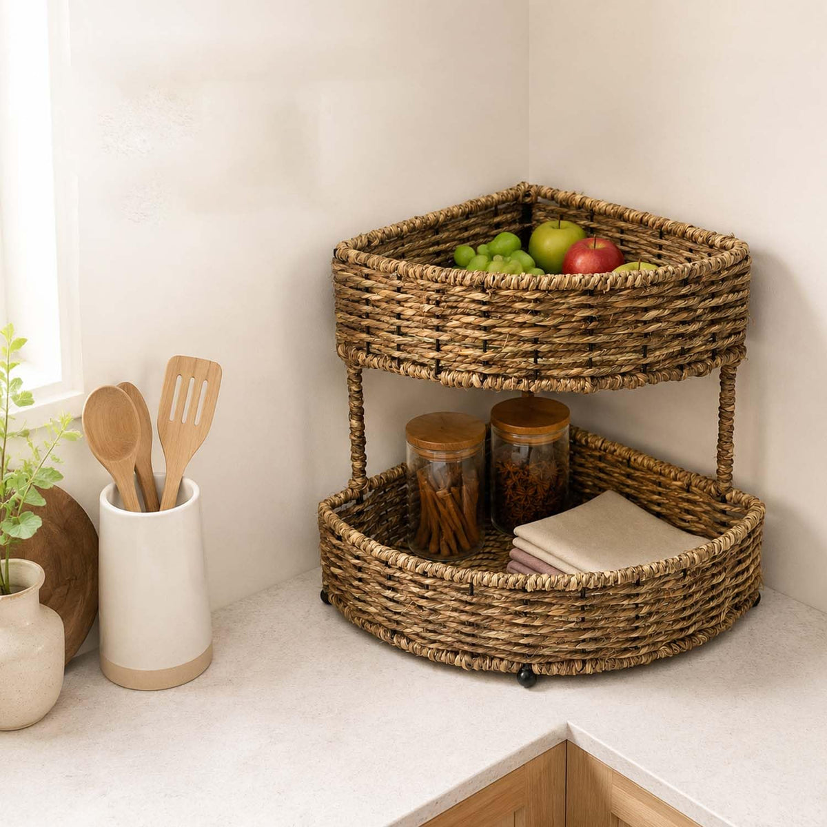 Go Hooked 2 Tier Water Hyacinth Seagrass Corner Basket with Metal Frame