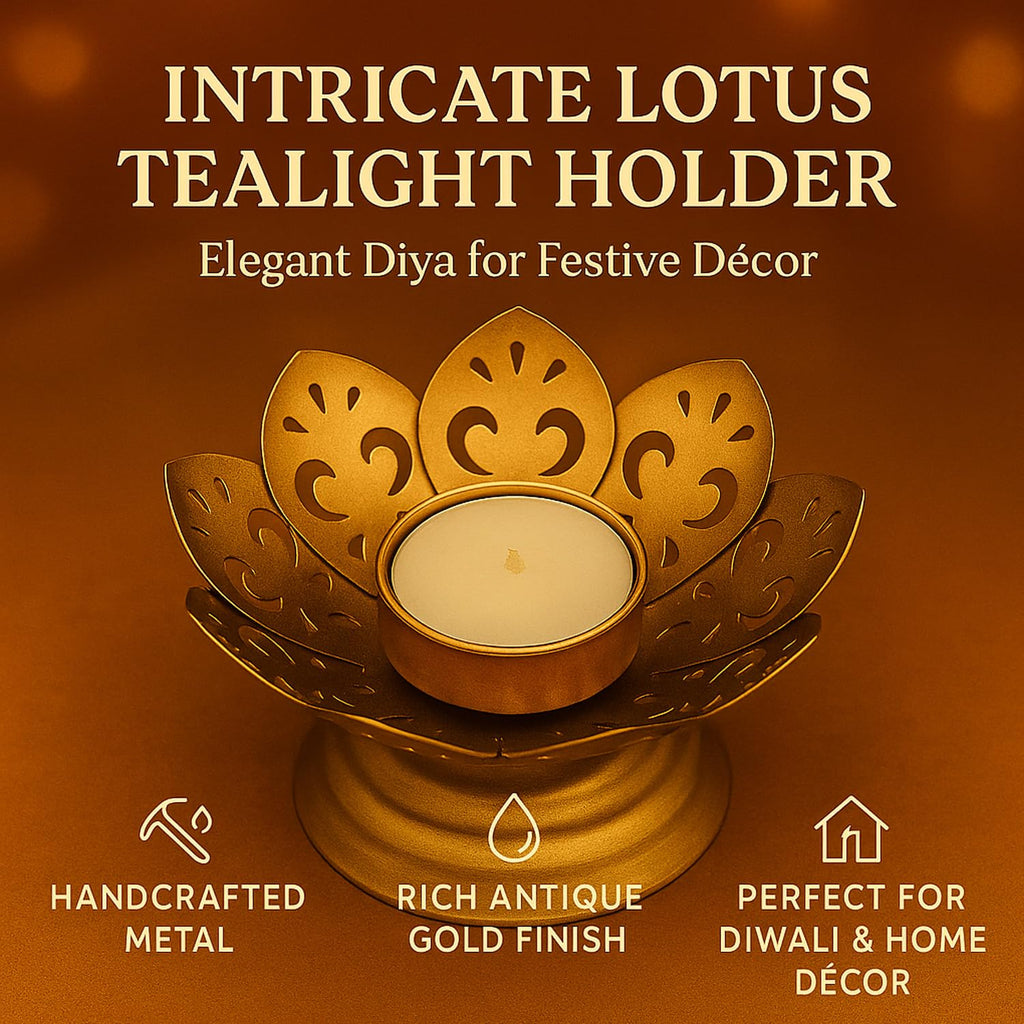 Go Hooked Lotus Tealight Holder Set of 3pcs Hand‑Crafted Metal Candle Stand in Luxe Matte‑Gold Finish, Decorative Lotus Diya for Diwali, Home, Temple, Festive & Tabletop