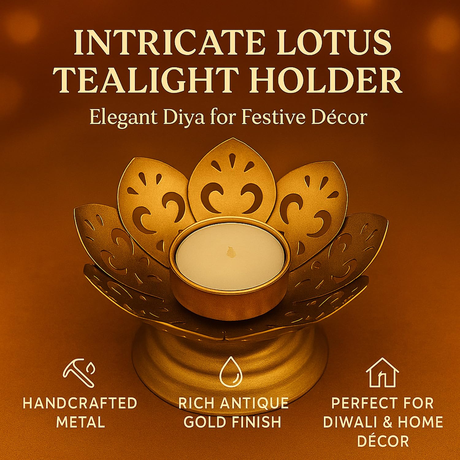Go Hooked Lotus Tealight Holder Set of 3pcs Hand‑Crafted Metal Candle Stand in Luxe Matte‑Gold Finish, Decorative Lotus Diya for Diwali, Home, Temple, Festive & Tabletop