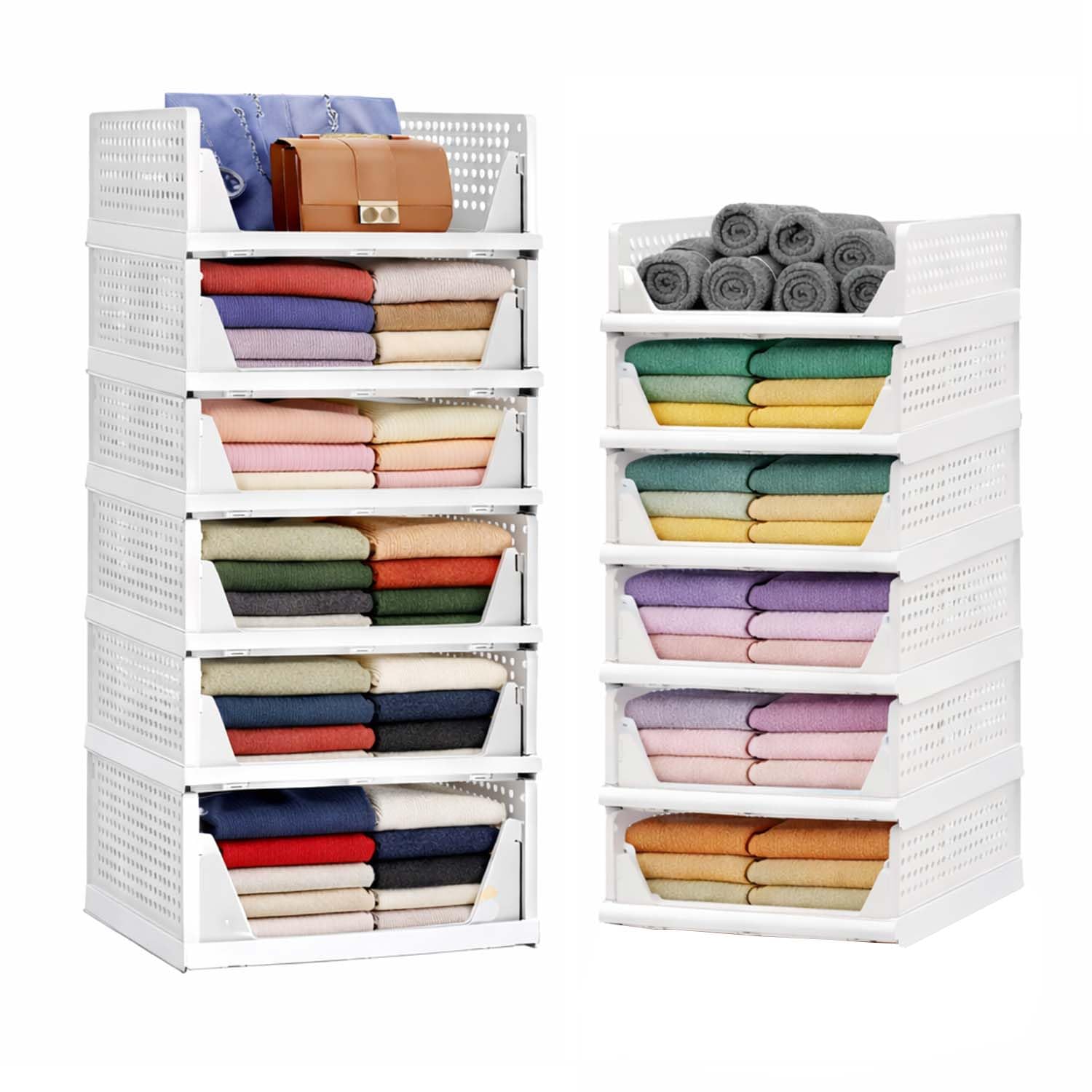 Go Hooked Foldable Wardrobe Organizer with Drawer Style Pull Out Design | Pack of 5 Small (44x34x14.5 cm) Shelf Storage Box | Heavy Duty Plastic Shirt Stacker for Cupboard, Almirah & Closet | White