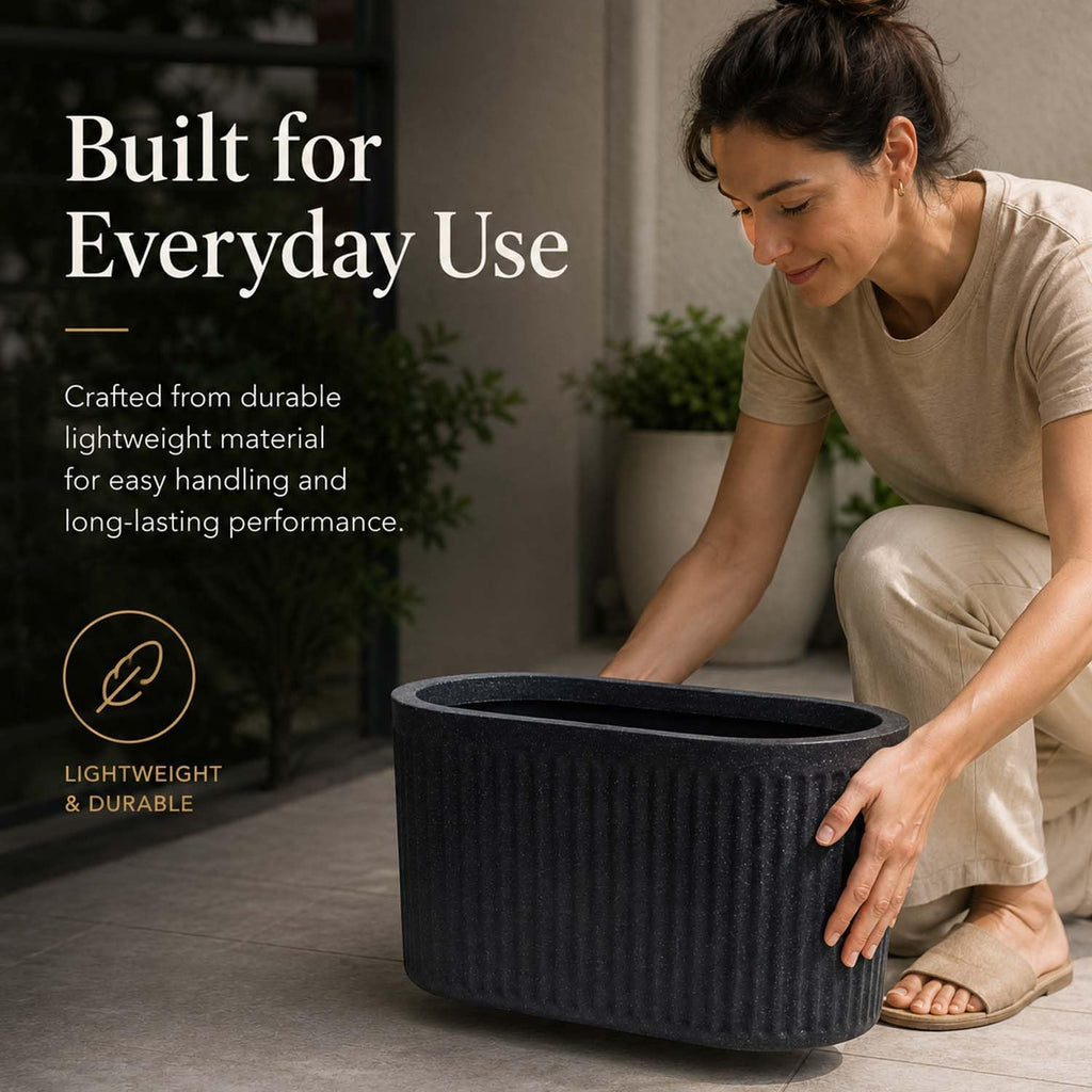 Go Hooked Large Oval Planter Pot (20x9) Inch | Aurelia Modern Ribbed Grey Stone Texture Finish | UV & Weather Resistant Decorative Floor Planter for Balcony, Patio, Terrace, Garden & Entrance