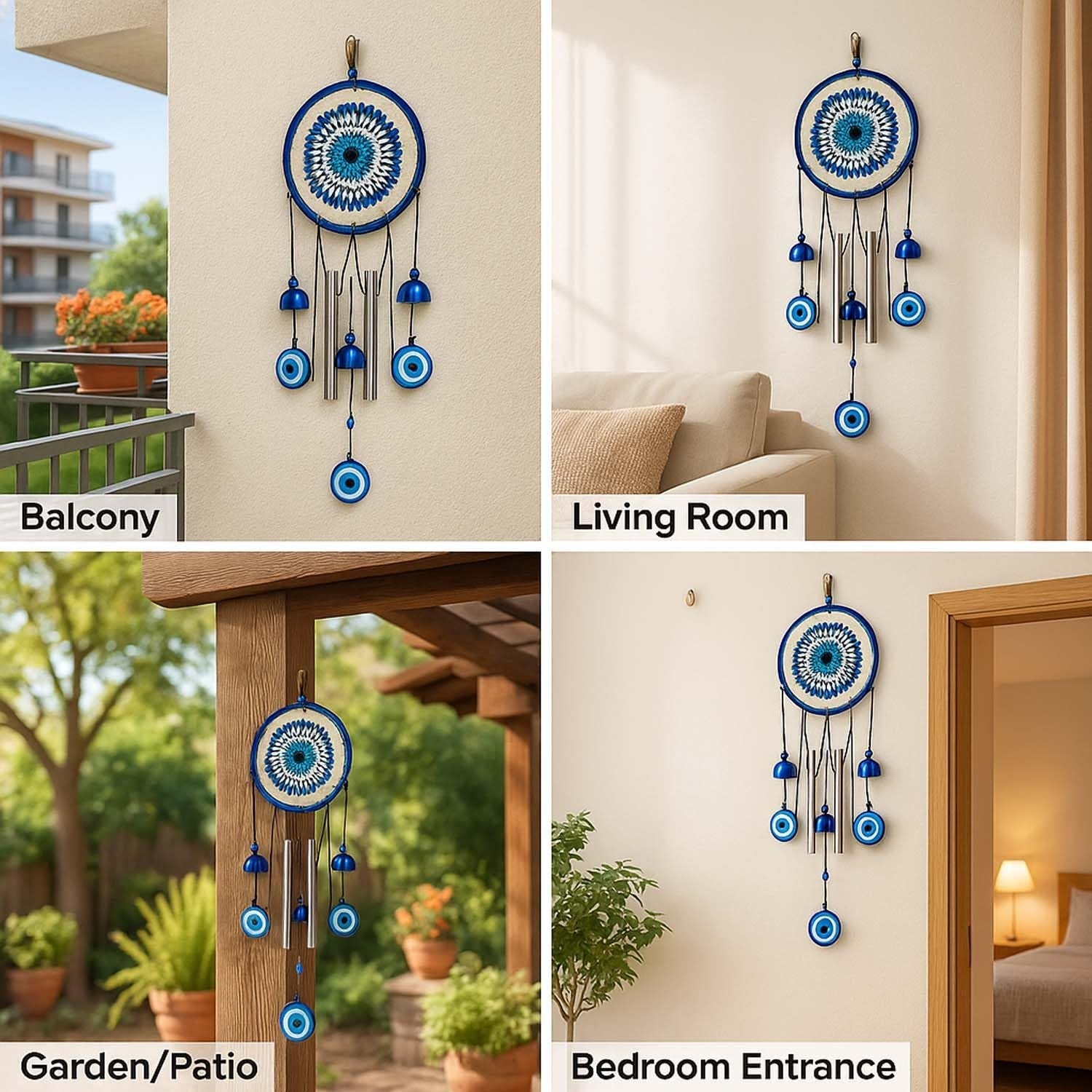 Go Hooked Evil Eye Dreamcatcher Wind Chime with Bells & Hanging Beads 64cm Height| Blue Wall Hanging Decoration for Positive Energy, Good Luck & Home Décor, Balcony, Living Room & Gift (Design F1)