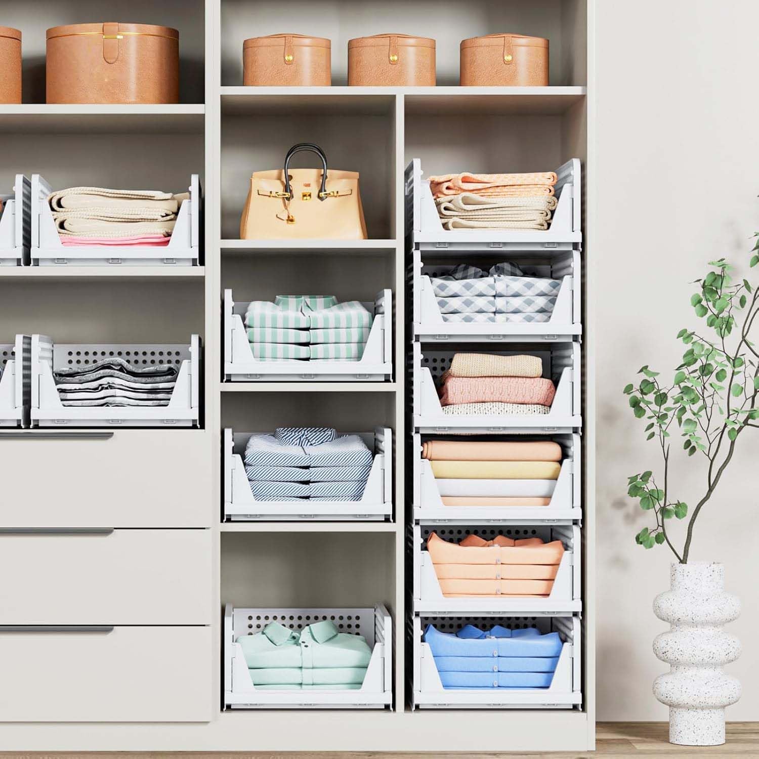 Go Hooked Foldable Wardrobe Organizer with Drawer Style Pull Out Design | Pack of 5 Small (44x34x14.5 cm) Shelf Storage Box | Heavy Duty Plastic Shirt Stacker for Cupboard, Almirah & Closet | White