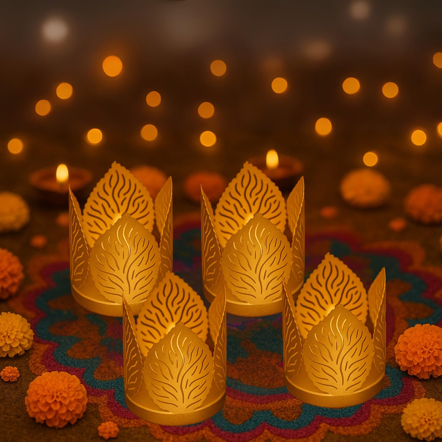 Go Hooked Lotus Tealight Holder Set of 3pcs Hand‑Crafted Metal Candle Stand in Luxe Matte‑Gold Finish, Decorative Lotus Diya for Diwali, Home, Temple, Festive & Tabletop