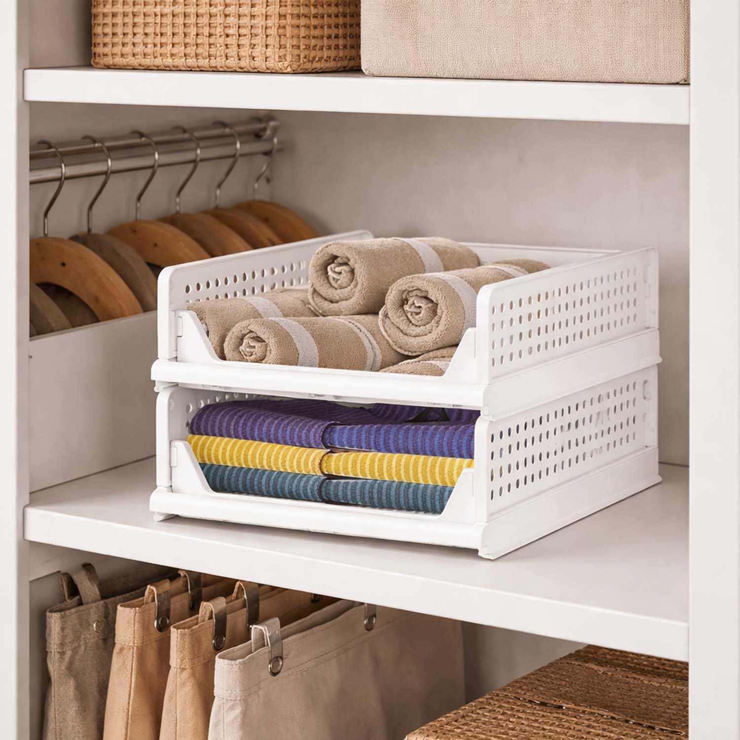 Go Hooked Foldable Wardrobe Organizer with Drawer Style Pull Out Design | Pack of 5 Small (44x34x14.5 cm) Shelf Storage Box | Heavy Duty Plastic Shirt Stacker for Cupboard, Almirah & Closet | White