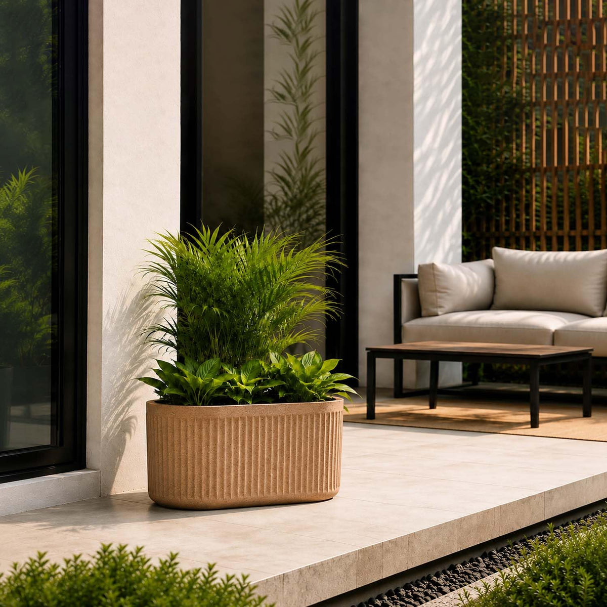 Go Hooked Large Oval Planter Pot (20x9) Inch | Aurelia Modern Ribbed Grey Stone Texture Finish | UV & Weather Resistant Decorative Floor Planter for Balcony, Patio, Terrace, Garden & Entrance