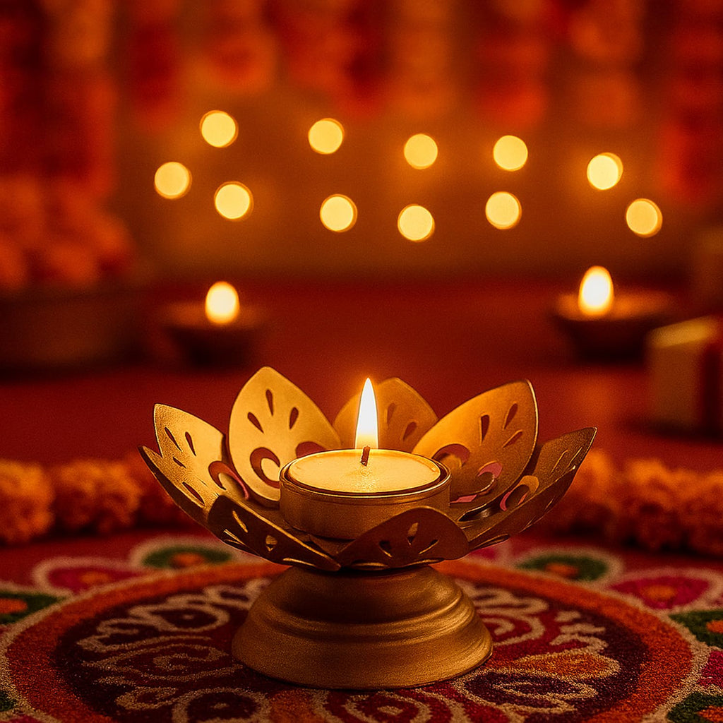 Go Hooked Lotus Tealight Holder Set of 3pcs Hand‑Crafted Metal Candle Stand in Luxe Matte‑Gold Finish, Decorative Lotus Diya for Diwali, Home, Temple, Festive & Tabletop