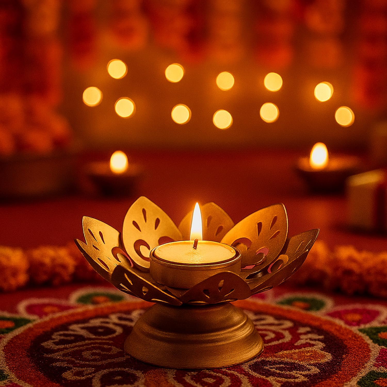 Go Hooked Lotus Tealight Holder Set of 3pcs Hand‑Crafted Metal Candle Stand in Luxe Matte‑Gold Finish, Decorative Lotus Diya for Diwali, Home, Temple, Festive & Tabletop