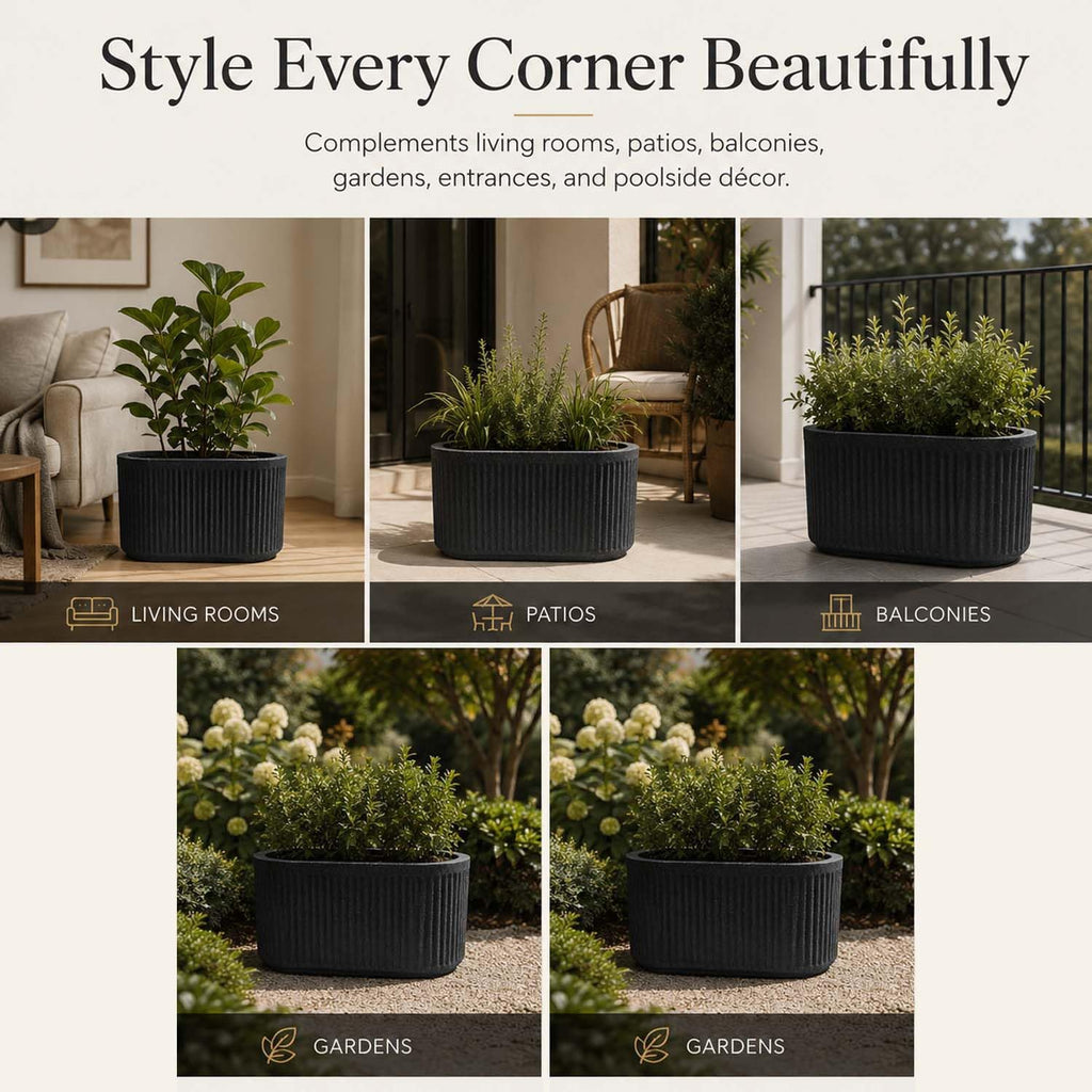 Go Hooked Large Oval Planter Pot (20x9) Inch | Aurelia Modern Ribbed Grey Stone Texture Finish | UV & Weather Resistant Decorative Floor Planter for Balcony, Patio, Terrace, Garden & Entrance