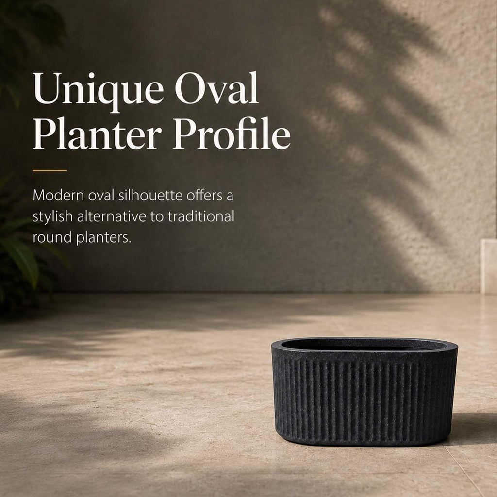 Go Hooked Large Oval Planter Pot (20x9) Inch | Aurelia Modern Ribbed Grey Stone Texture Finish | UV & Weather Resistant Decorative Floor Planter for Balcony, Patio, Terrace, Garden & Entrance