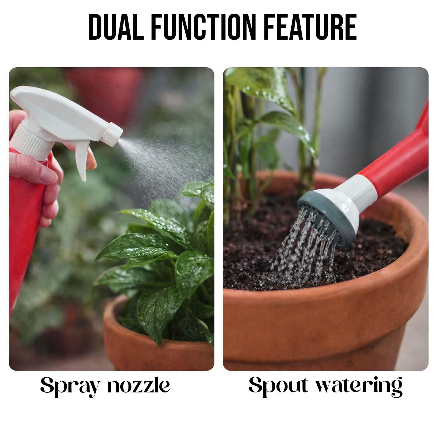 Go Hooked 2in1 Plant Watering Can with Spray Bottle & Shower Head 1 Litre | Multi-Purpose Garden Water Sprayer for Indoor Plants, Balcony Garden & Nursery | Plastic Watering Pot with Handle (Red)