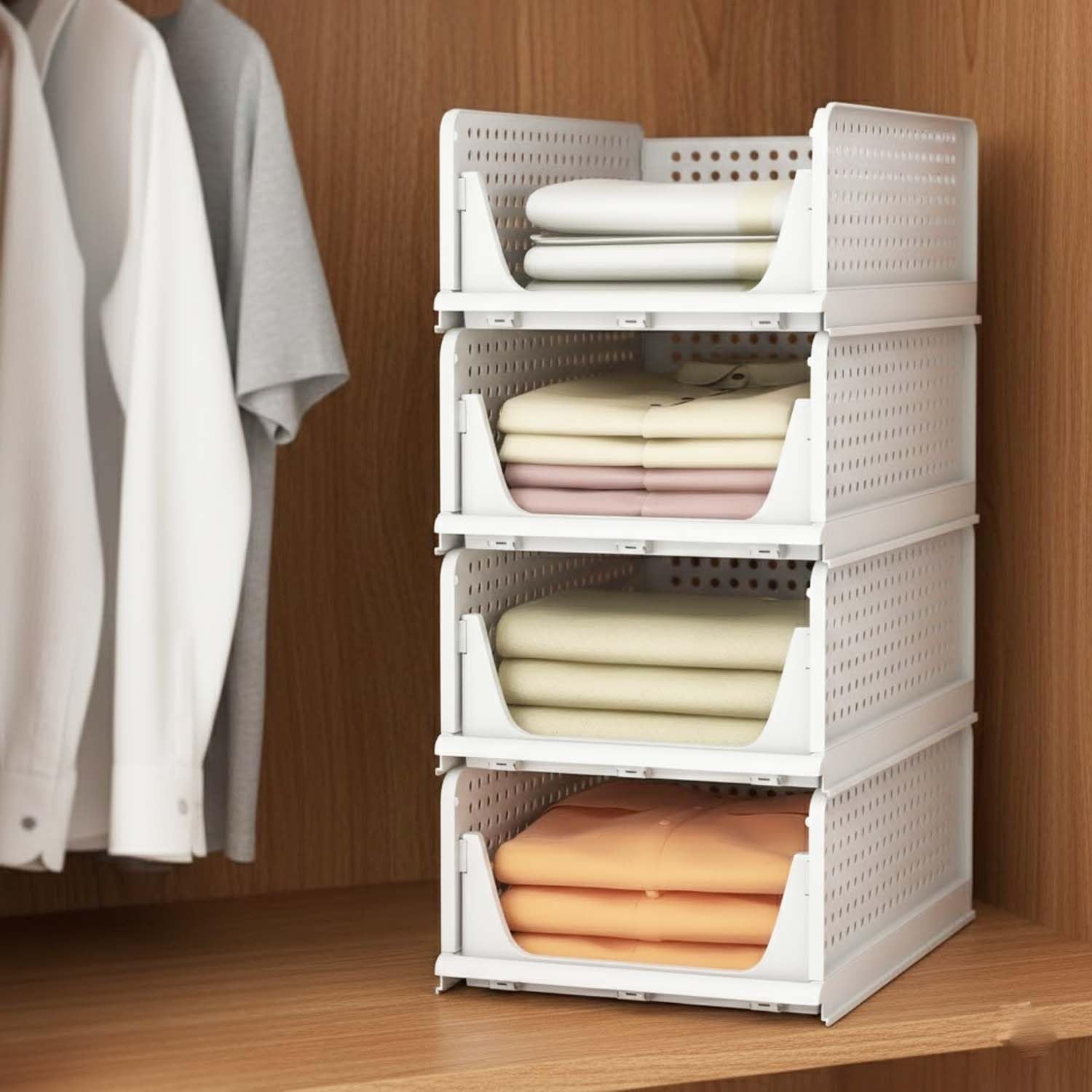 Go Hooked Foldable Wardrobe Organizer with Drawer Style Pull Out Design | Pack of 5 Small (44x34x14.5 cm) Shelf Storage Box | Heavy Duty Plastic Shirt Stacker for Cupboard, Almirah & Closet | White