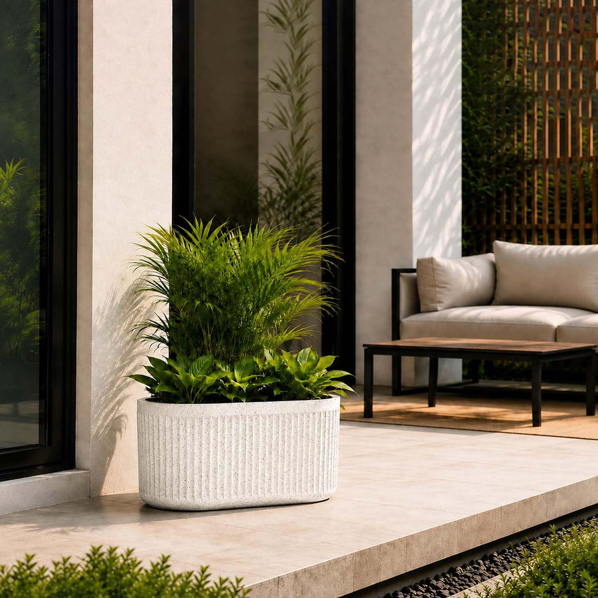 Go Hooked Large Oval Planter Pot (20x9) Inch | Aurelia Modern Ribbed Grey Stone Texture Finish | UV & Weather Resistant Decorative Floor Planter for Balcony, Patio, Terrace, Garden & Entrance