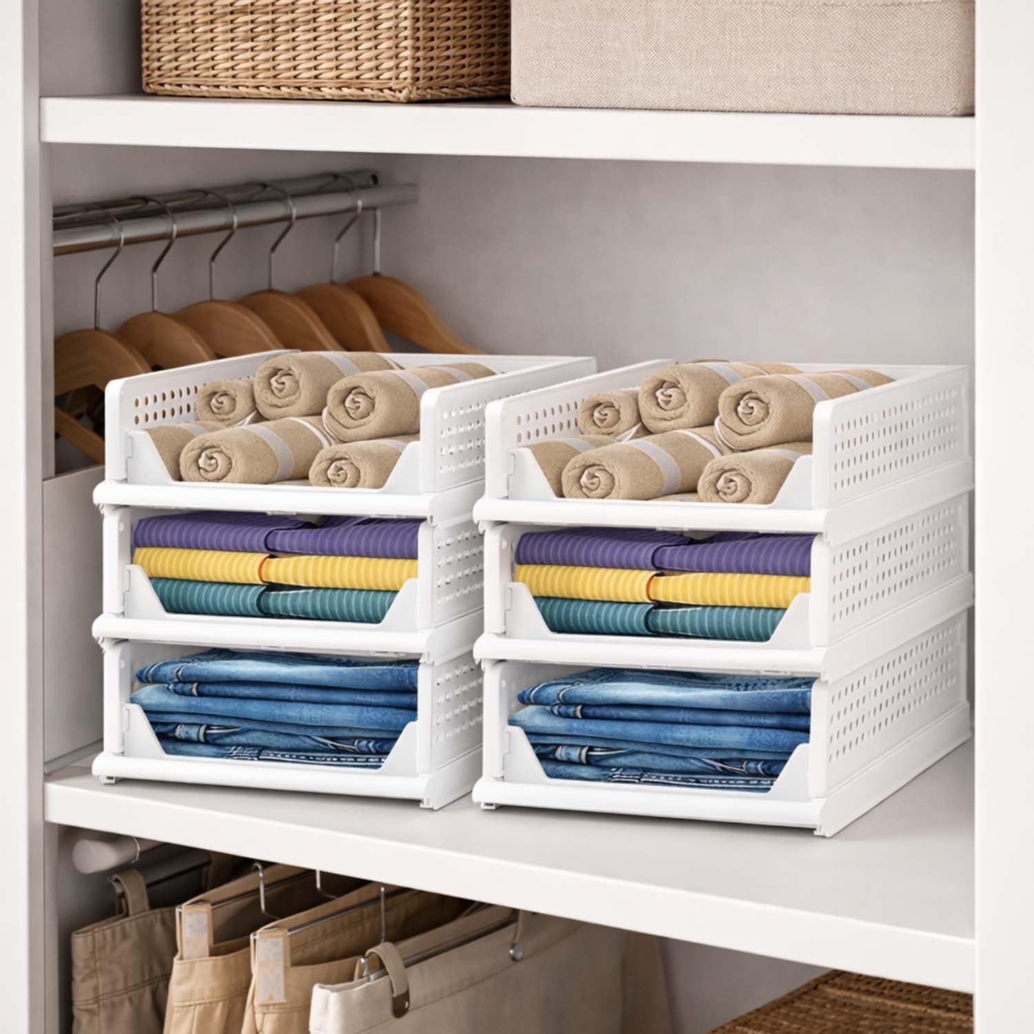 Go Hooked Foldable Wardrobe Organizer with Drawer Style Pull Out Design | Pack of 5 Small (44x34x14.5 cm) Shelf Storage Box | Heavy Duty Plastic Shirt Stacker for Cupboard, Almirah & Closet | White