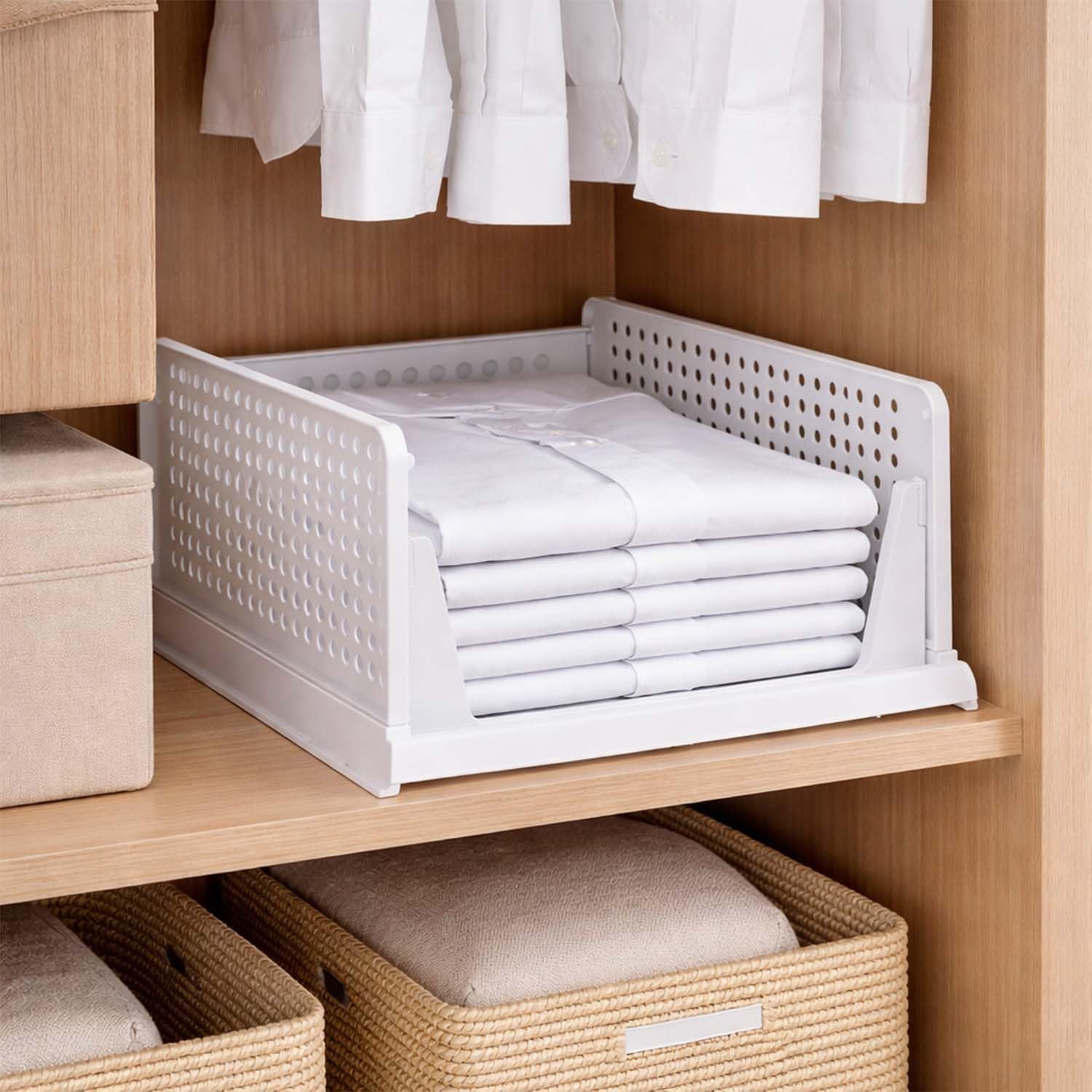 Go Hooked Foldable Wardrobe Organizer with Drawer Style Pull Out Design | Pack of 5 Small (44x34x14.5 cm) Shelf Storage Box | Heavy Duty Plastic Shirt Stacker for Cupboard, Almirah & Closet | White