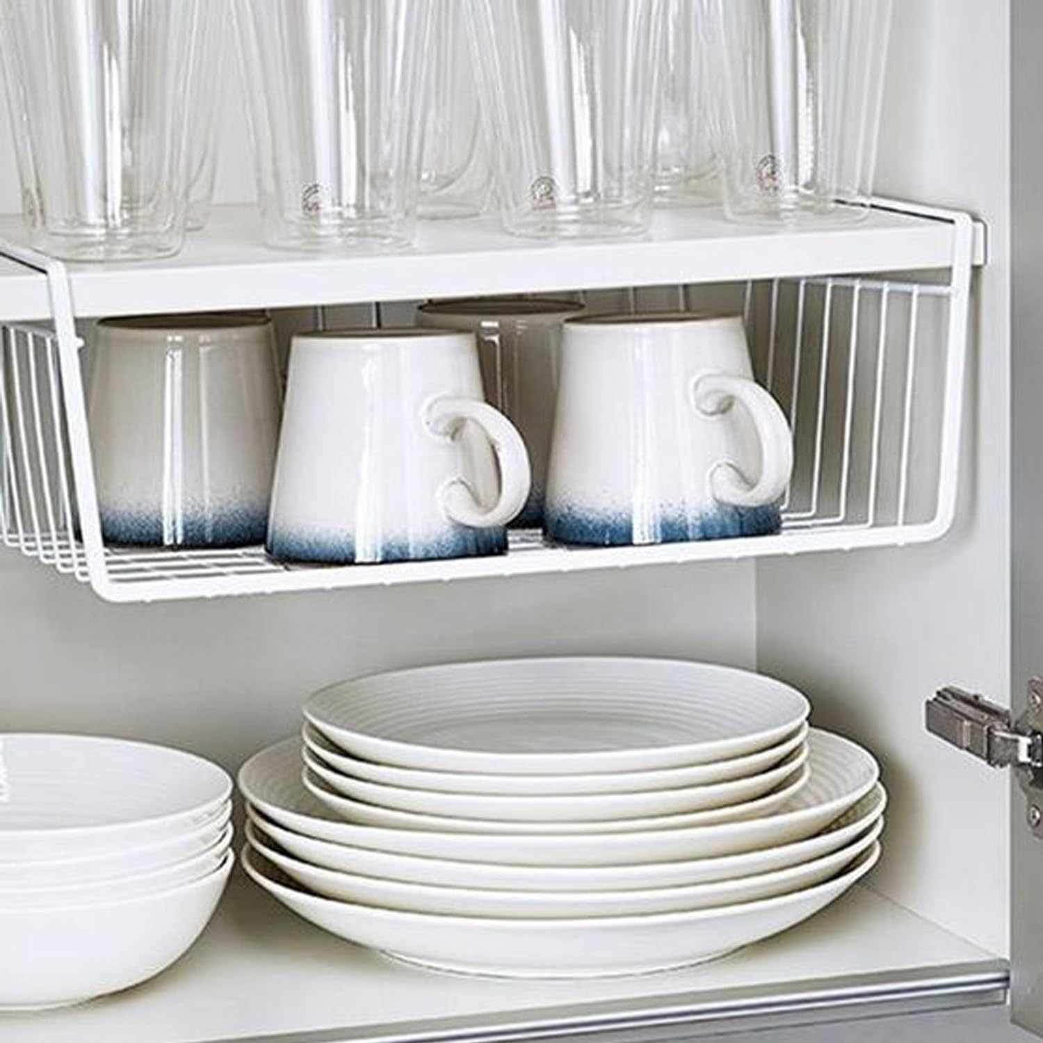 Go Hooked 16 Inch Undershelf Storage Basket Pack of 2 | Multipurpose Under Shelf Organizer | Hanging Wire Basket for Cabinet, Shelf, Cupboard, Pantry, Closet, Desk, and Bathroom (White)