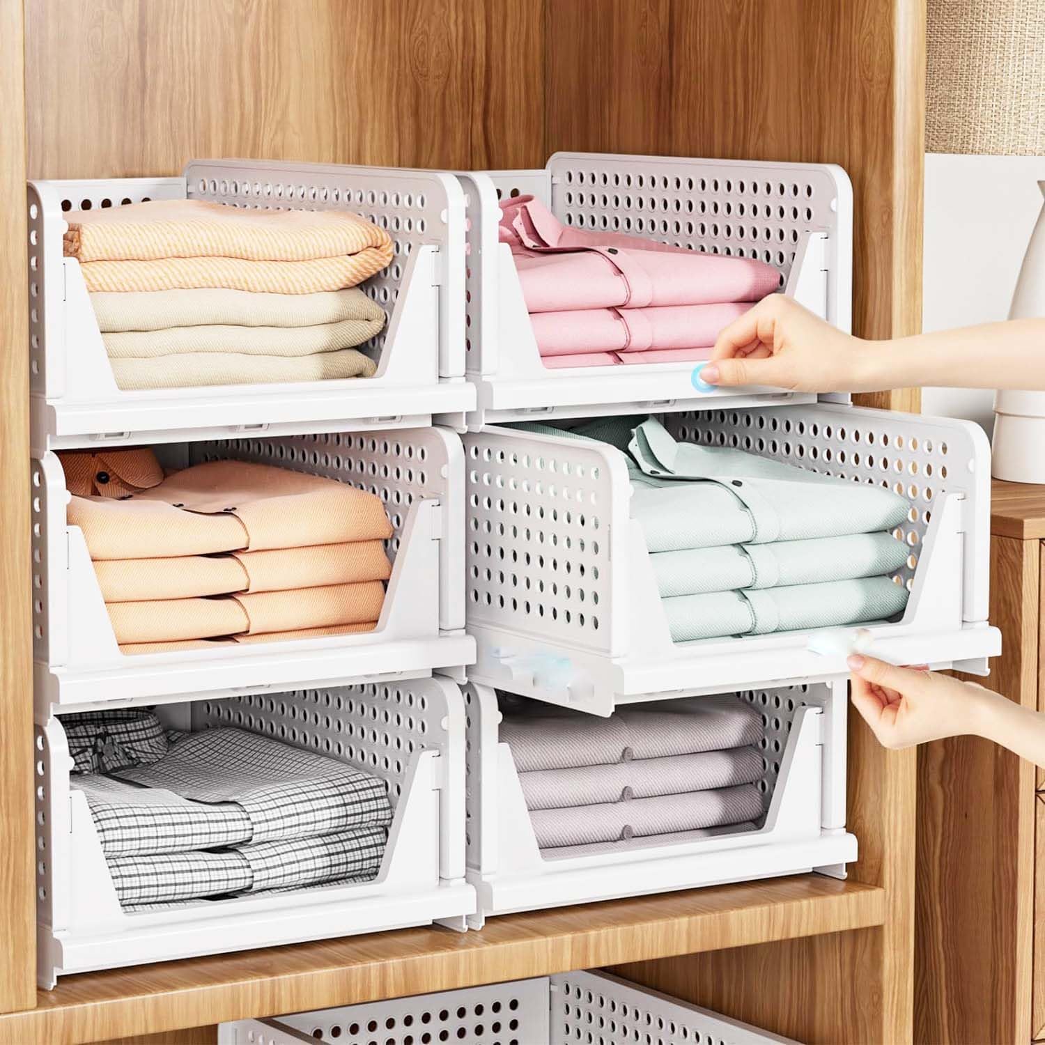 Go Hooked Foldable Wardrobe Organizer with Drawer Style Pull Out Design | Pack of 5 Small (44x34x14.5 cm) Shelf Storage Box | Heavy Duty Plastic Shirt Stacker for Cupboard, Almirah & Closet | White