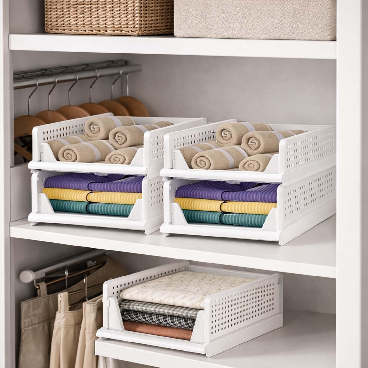 Go Hooked Foldable Wardrobe Organizer with Drawer Style Pull Out Design | Pack of 5 Small (44x34x14.5 cm) Shelf Storage Box | Heavy Duty Plastic Shirt Stacker for Cupboard, Almirah & Closet | White
