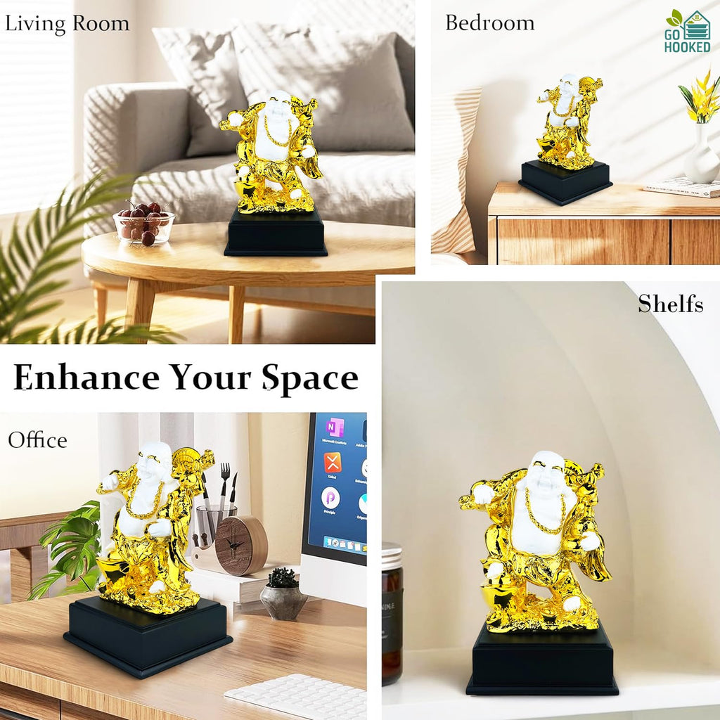 Go Hooked Laughing Buddha Polyresin Statue Prosperity, Wealth & Happiness Idol for Home & Office DÃ©cor 24Cm | Gold & White Feng Shui Decorative Buddha Figurine