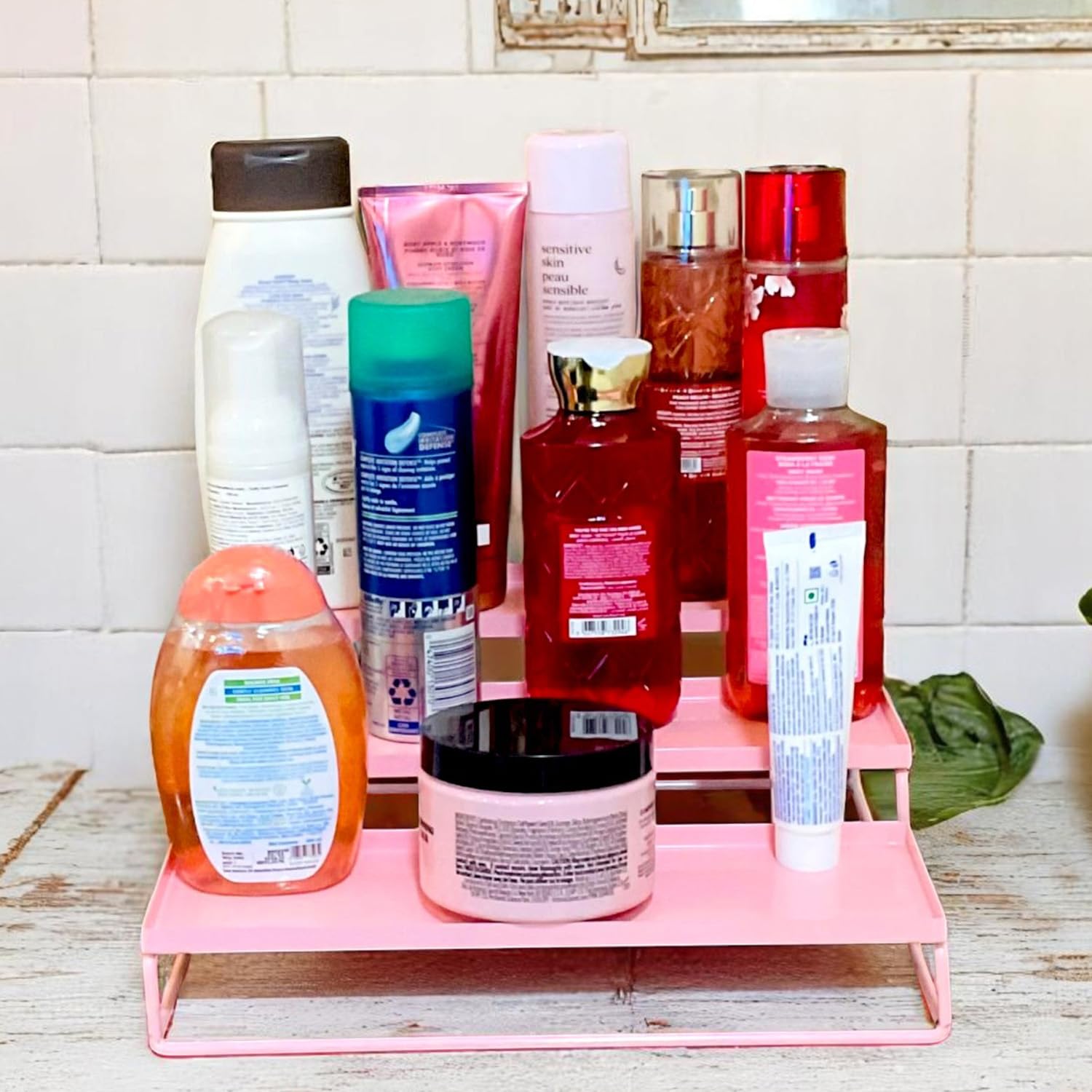 Go Hooked Kitchen 3-Tier Step Standing Rack Kitchen Spice Bottle Rack Utensil Holder Food Storage Organizer for Cabinet Cupboard Pantry Shelf Bathroom organizer Rack (Pink Pack of 1)
