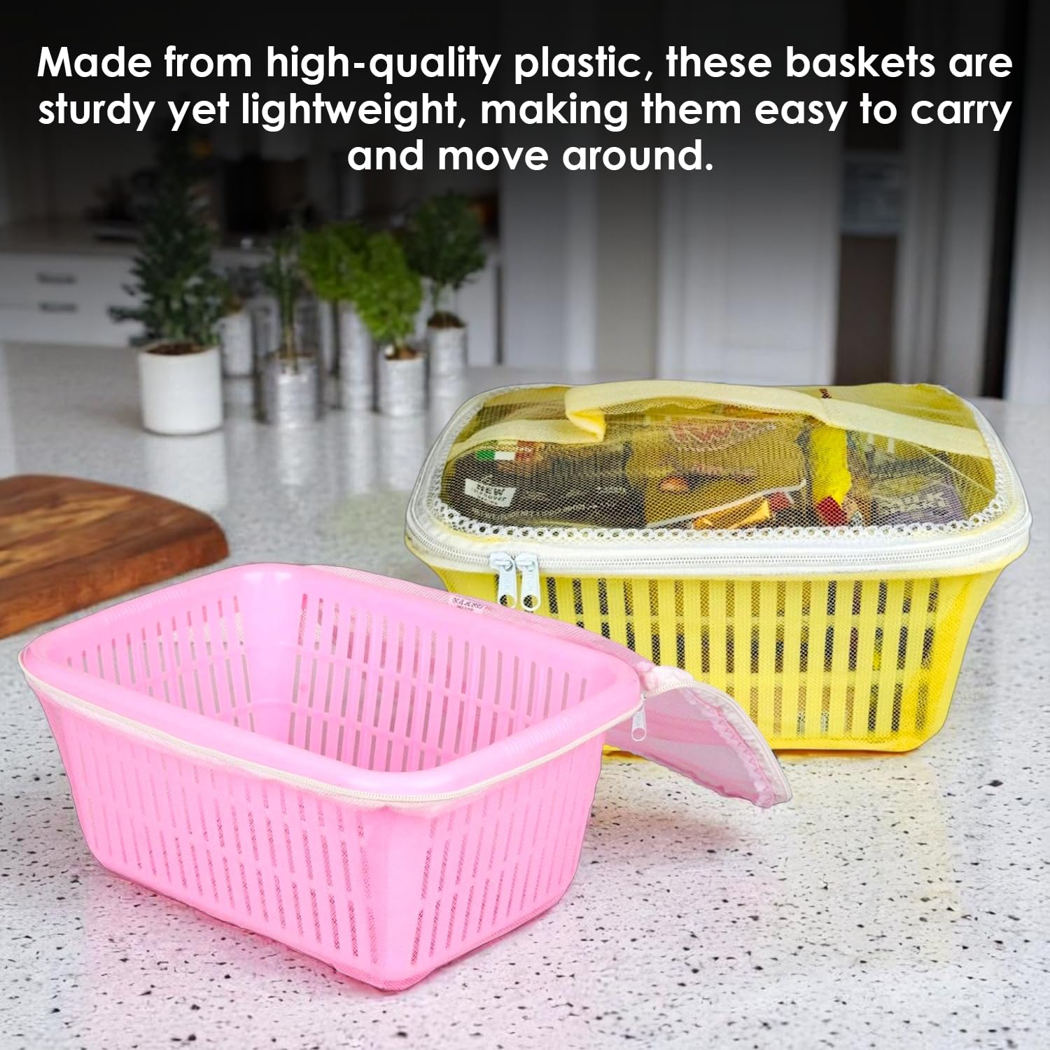 Go Hooked Multipurpose Plastic Storage Gift Basket With Net Cover Stylish Basket With Zip Net Cover Versatile Durable Stylish Convenient Compact Pack of 2 Assorted