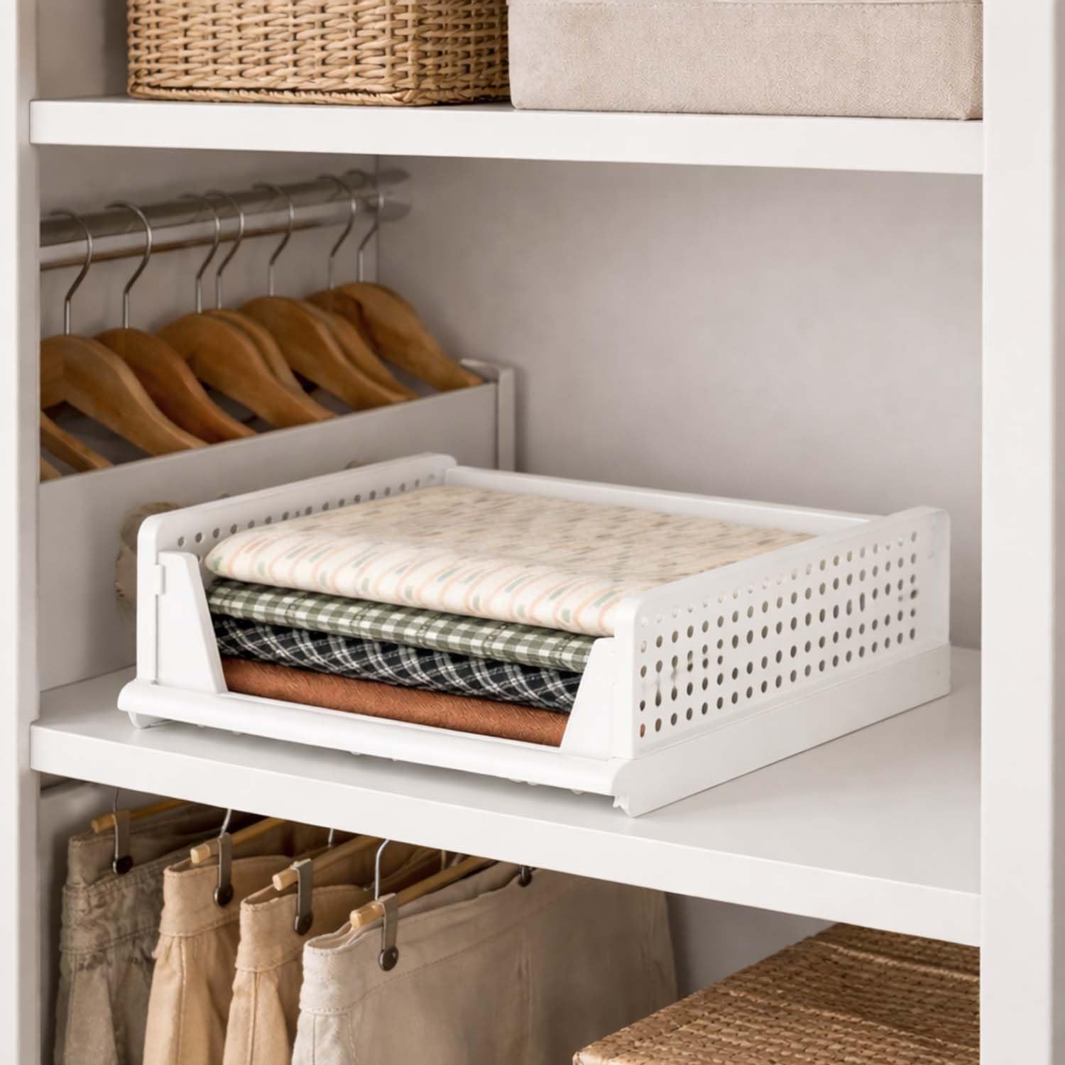 Go Hooked Foldable Wardrobe Organizer with Drawer Style Pull Out Design | Pack of 5 Small (44x34x14.5 cm) Shelf Storage Box | Heavy Duty Plastic Shirt Stacker for Cupboard, Almirah & Closet | White