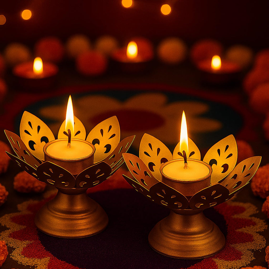 Go Hooked Lotus Tealight Holder Set of 3pcs Hand‑Crafted Metal Candle Stand in Luxe Matte‑Gold Finish, Decorative Lotus Diya for Diwali, Home, Temple, Festive & Tabletop