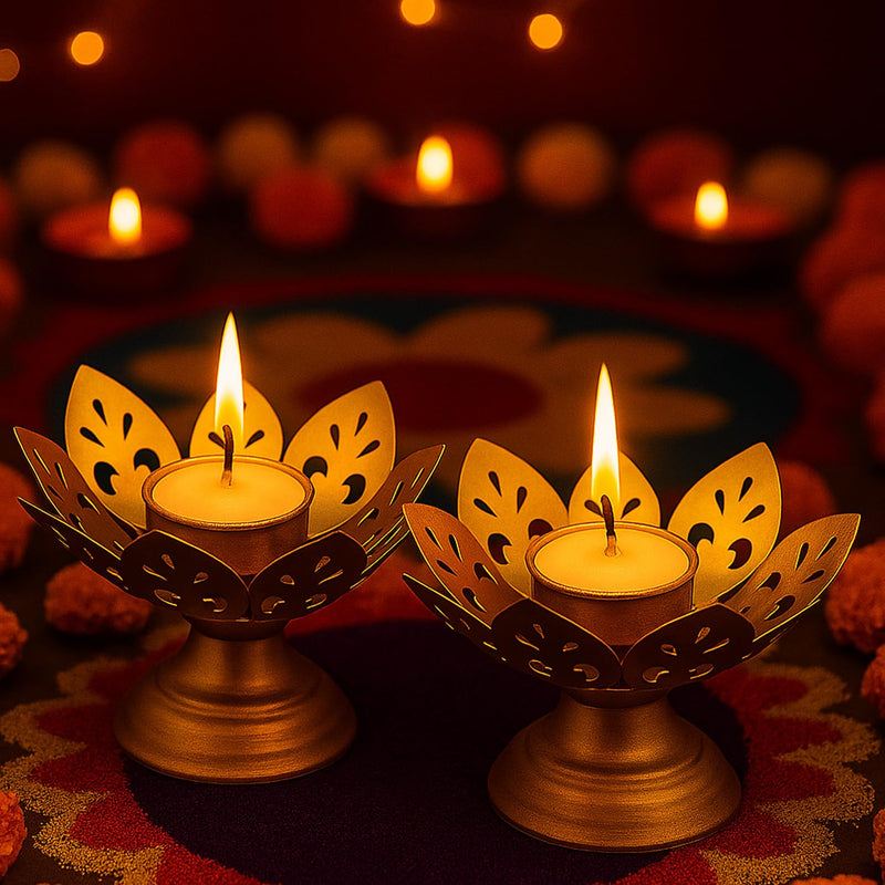 Go Hooked Lotus Tealight Holder Set of 3pcs Hand‑Crafted Metal Candle Stand in Luxe Matte‑Gold Finish, Decorative Lotus Diya for Diwali, Home, Temple, Festive & Tabletop