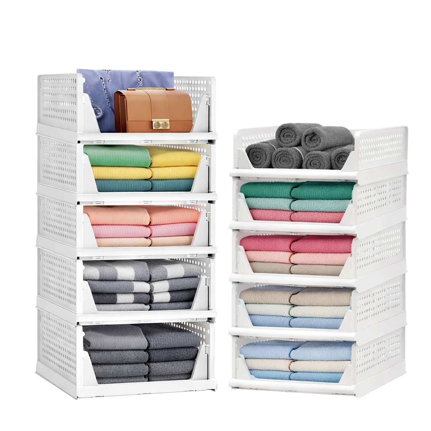 Go Hooked Foldable Wardrobe Organizer with Drawer Style Pull Out Design | Pack of 5 Small (44x34x14.5 cm) Shelf Storage Box | Heavy Duty Plastic Shirt Stacker for Cupboard, Almirah & Closet | White