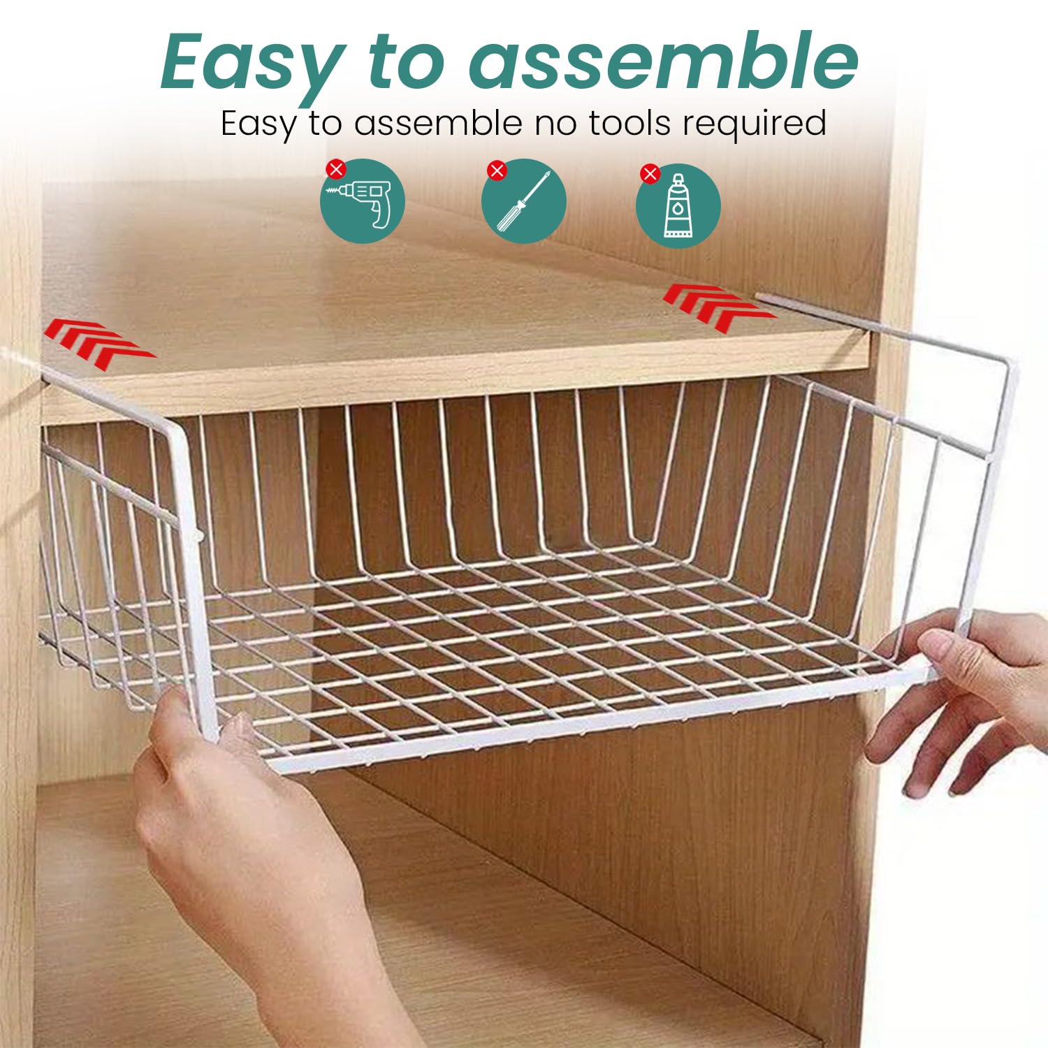 Go Hooked 16 Inch Undershelf Storage Basket Pack of 2 | Multipurpose Under Shelf Organizer | Hanging Wire Basket for Cabinet, Shelf, Cupboard, Pantry, Closet, Desk, and Bathroom (White)