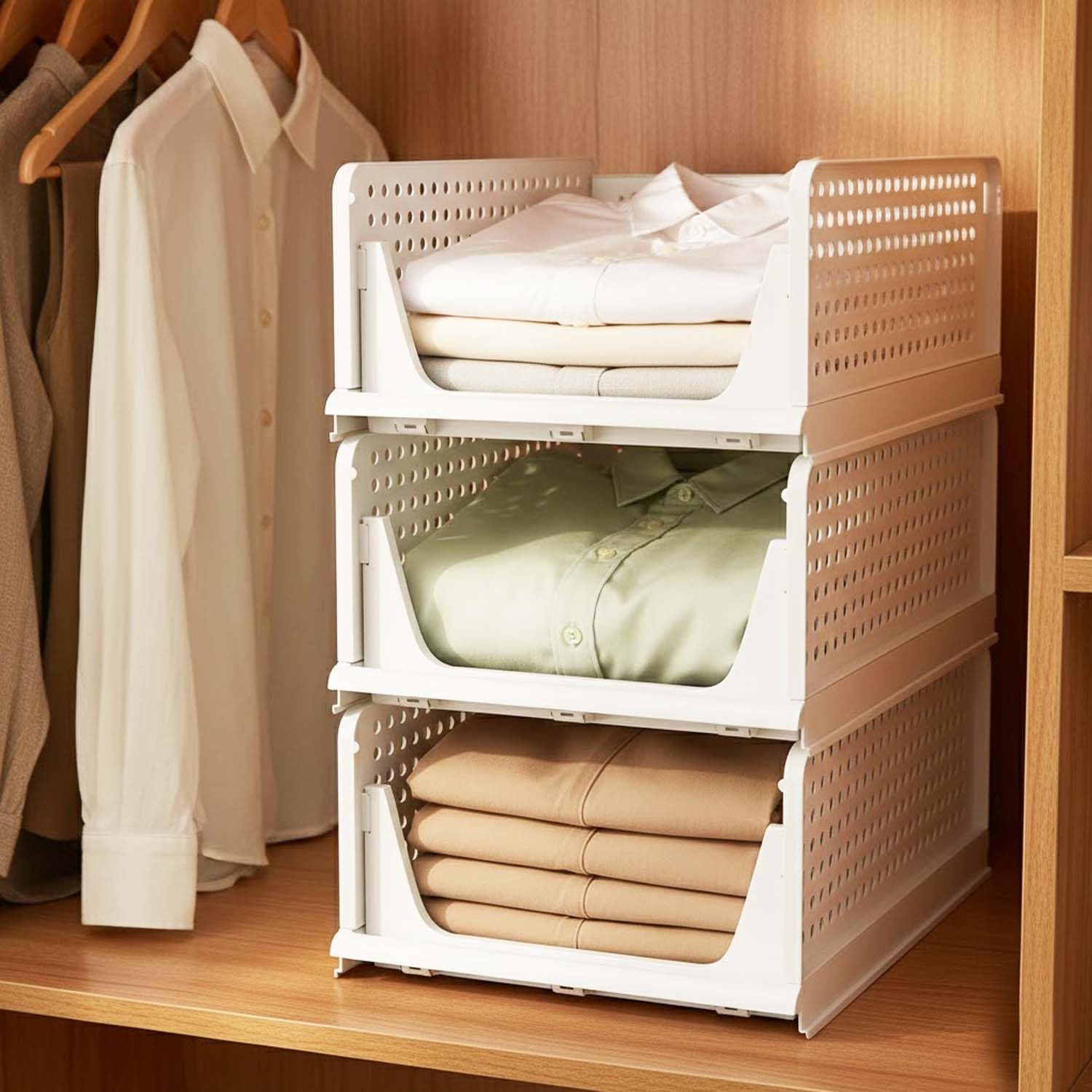 Go Hooked Foldable Wardrobe Organizer with Drawer Style Pull Out Design | Pack of 5 Small (44x34x14.5 cm) Shelf Storage Box | Heavy Duty Plastic Shirt Stacker for Cupboard, Almirah & Closet | White