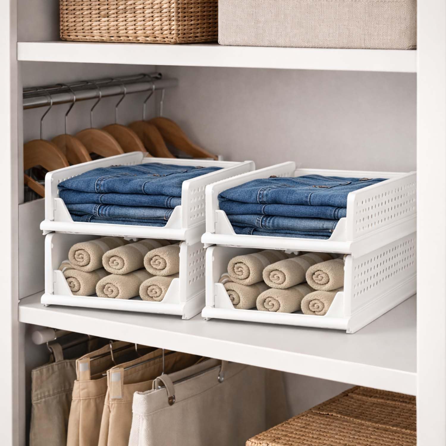 Go Hooked Foldable Wardrobe Organizer with Drawer Style Pull Out Design | Pack of 5 Small (44x34x14.5 cm) Shelf Storage Box | Heavy Duty Plastic Shirt Stacker for Cupboard, Almirah & Closet | White