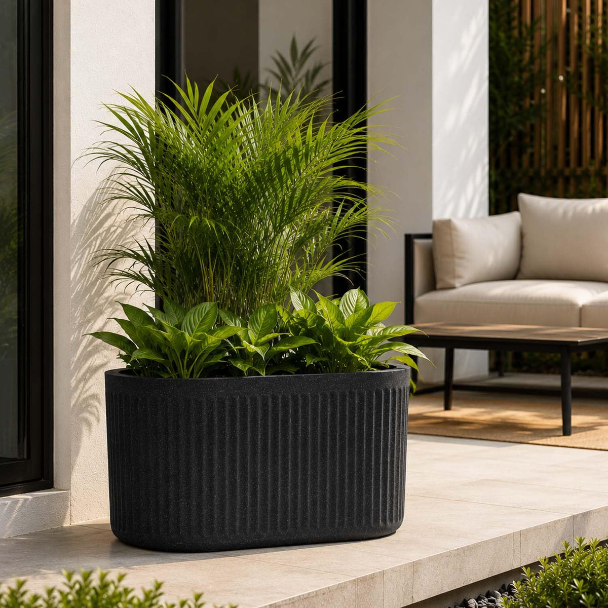 Go Hooked Large Oval Planter Pot (20x9) Inch | Aurelia Modern Ribbed Grey Stone Texture Finish | UV & Weather Resistant Decorative Floor Planter for Balcony, Patio, Terrace, Garden & Entrance