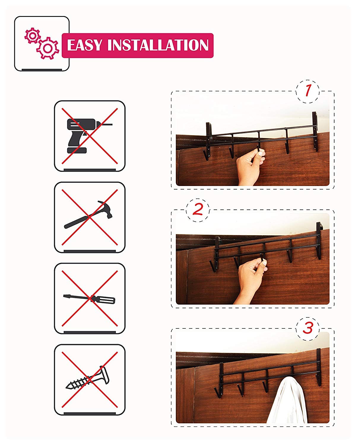 Go Hooked Over The Door Hook Organizer, Hanging Organizer Rack | Steel Door Hook Hanger Wall Hook Rack (5 Hooks) (Brown)