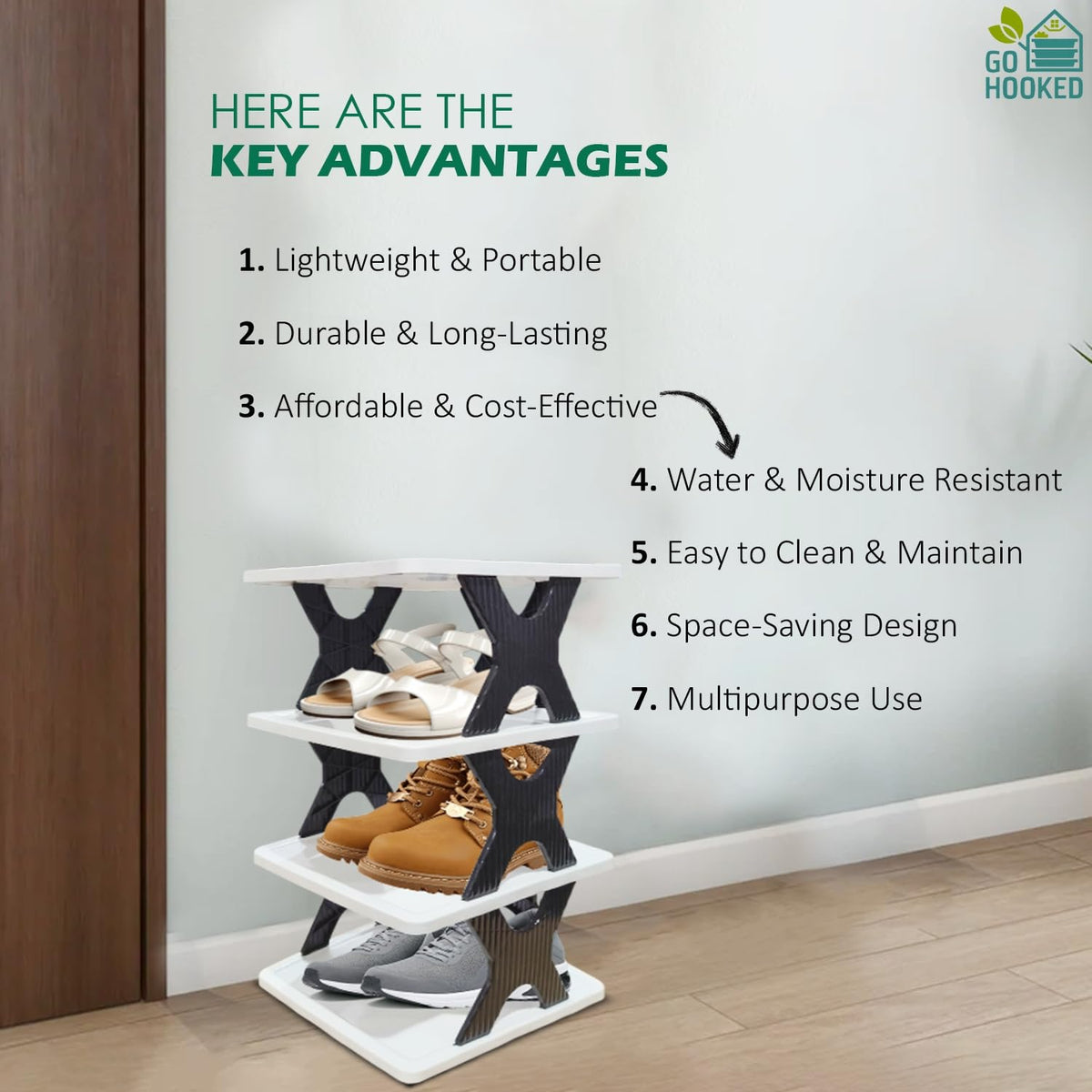 Go Hooked Shoe Rack 4-Tier Durable Plastic Organizer with Modern Black & White Design Lightweight Storage for Shoes, Sneakers and Sandals Easy to Assemble with Anti-Slip Frame for Stability