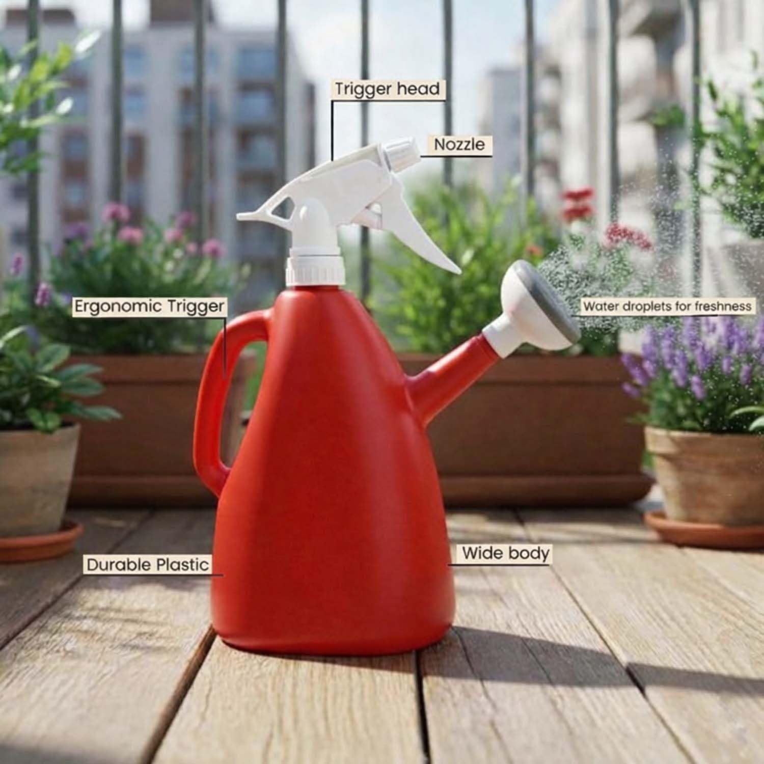 Go Hooked 2in1 Plant Watering Can with Spray Bottle & Shower Head 1 Litre | Multi-Purpose Garden Water Sprayer for Indoor Plants, Balcony Garden & Nursery | Plastic Watering Pot with Handle (Red)